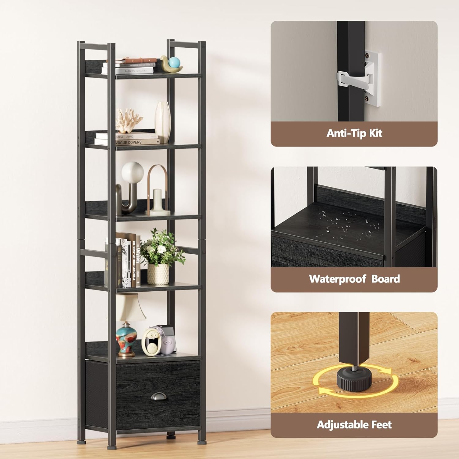 Qwatto Black 6 Tier Bookshelf with Drawer Tall Industrial Wood Metal Freestanding Storage Display Shelves Etagere Bookcase Organizer for Home Office