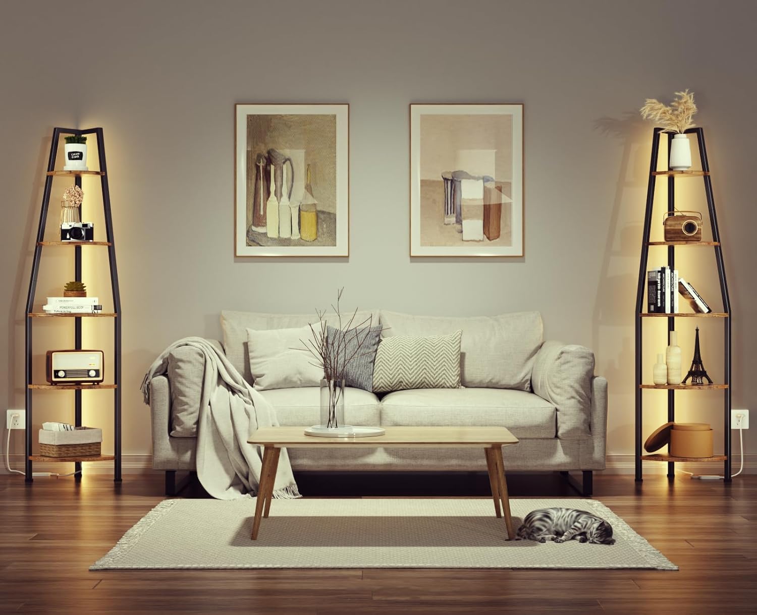 Furnulem 67” LED Corner Shelf, 5-Tier Narrow Bookshelf & Storage Rack for Bedroom, Living Room, Plants