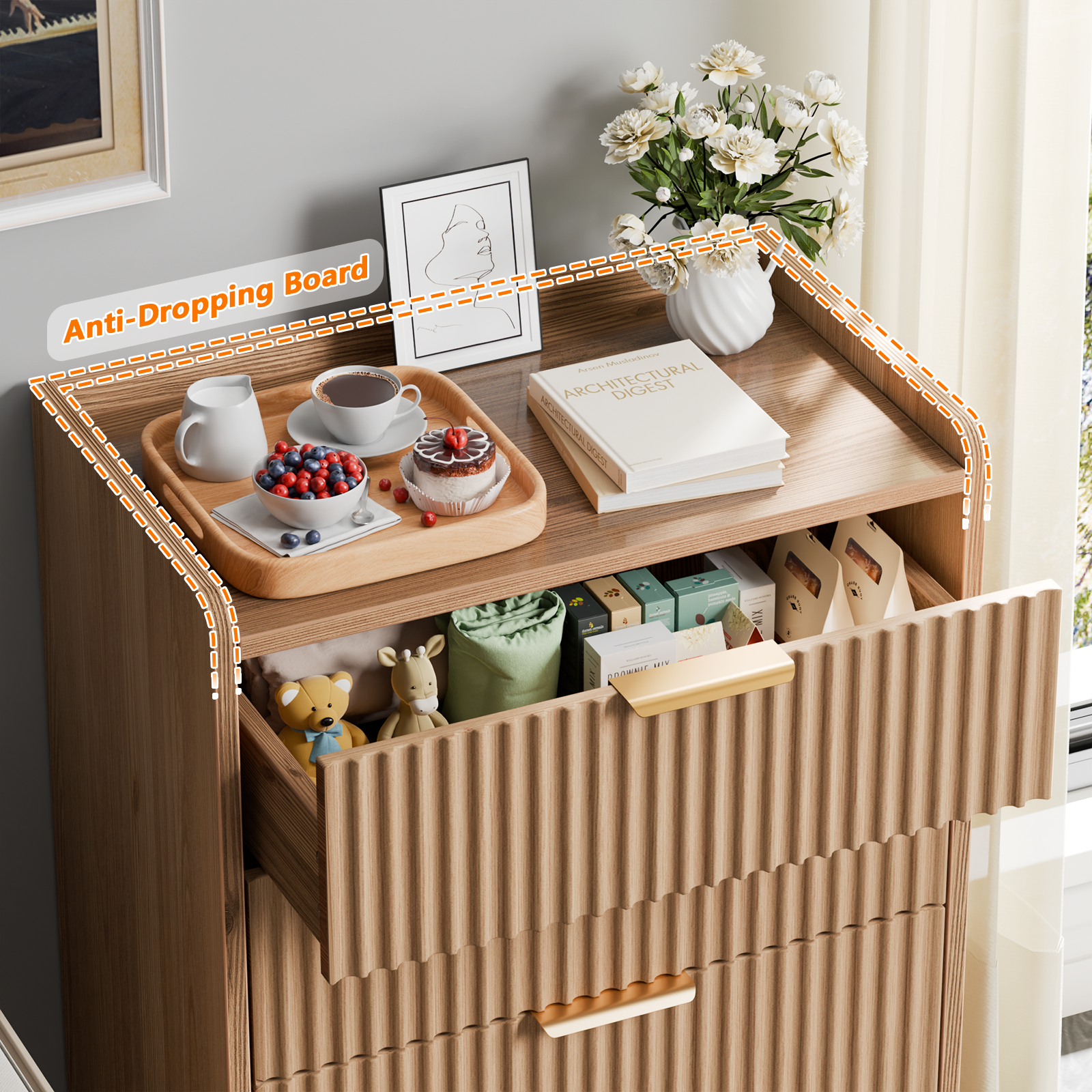 Furnulem Modern Ribbed 5-Drawer Chest – Wood Grain Bedroom Storage Dresser