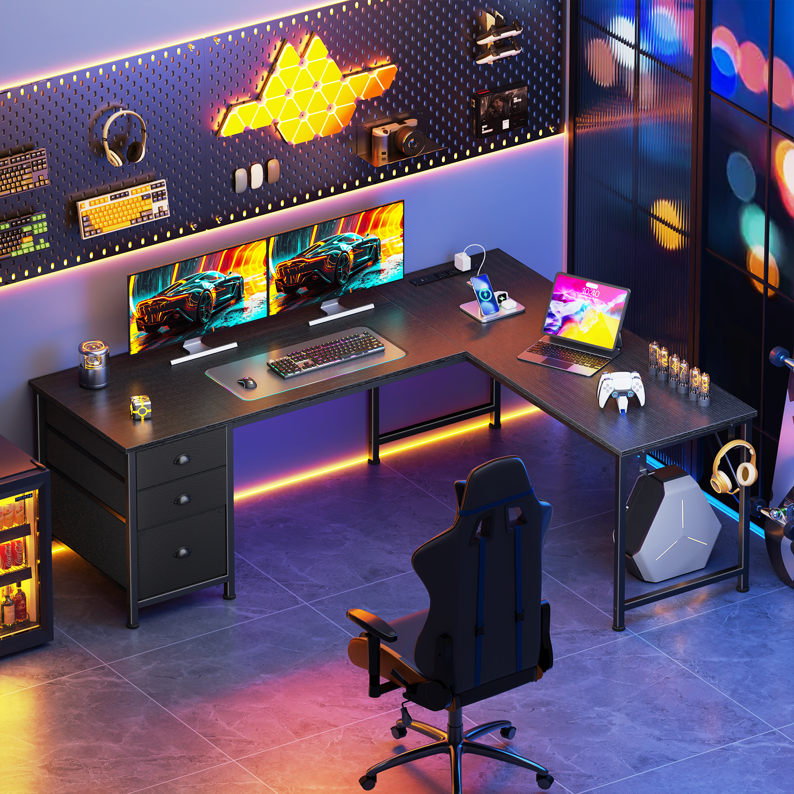 Qwatto 63 Inch L Shaped Gaming Desk Black Computer Corner Table with Power Outlets USB C Ports File Fabric Drawers Large Storage for Writing Bedrooms