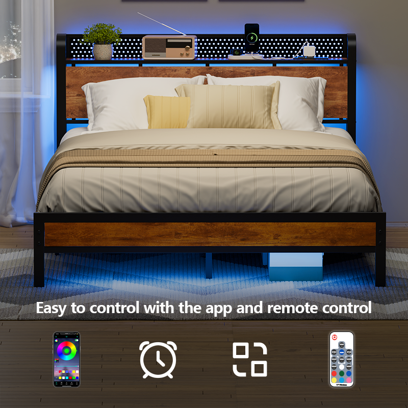 Furnulem LED Bed Frame with Charging Station