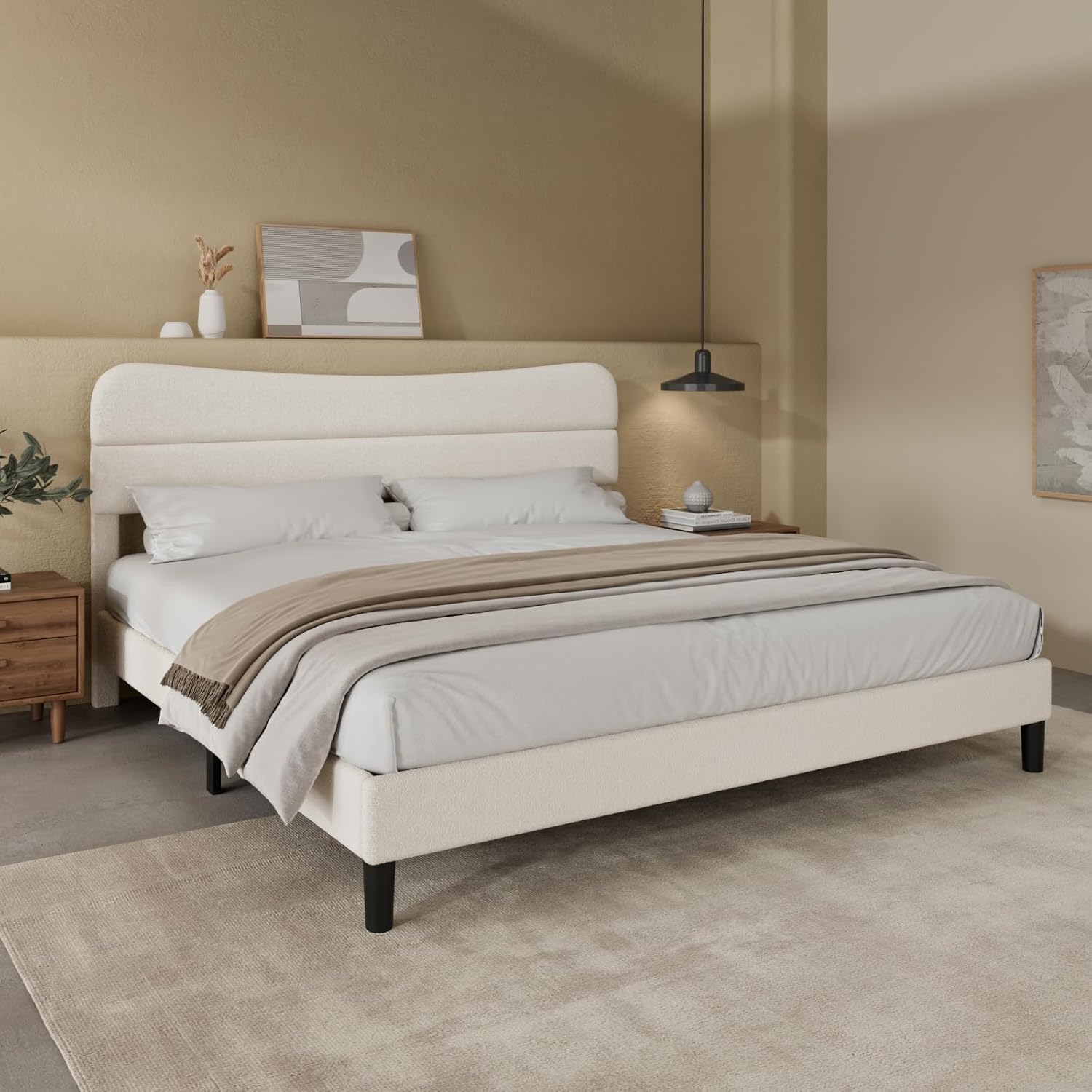 King Size Bed Frame Upholstered King Bed Frame and Headboard, Teddy Soft Boucle Fabric bedframe Soft Cloud Marshmallow Shape Upholstered Headboard