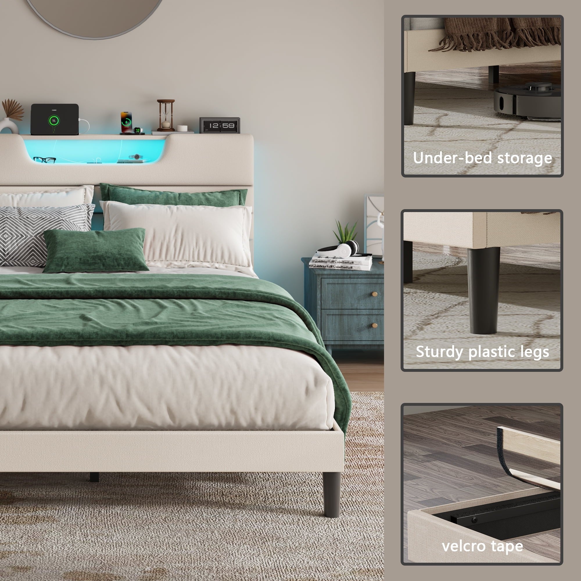 Beige Fine Linen Fabric Bed Frame with Upholstered Headboard & Charge Station, Queen Size Bed Frame with LED Lights, No Box Spring Needed
