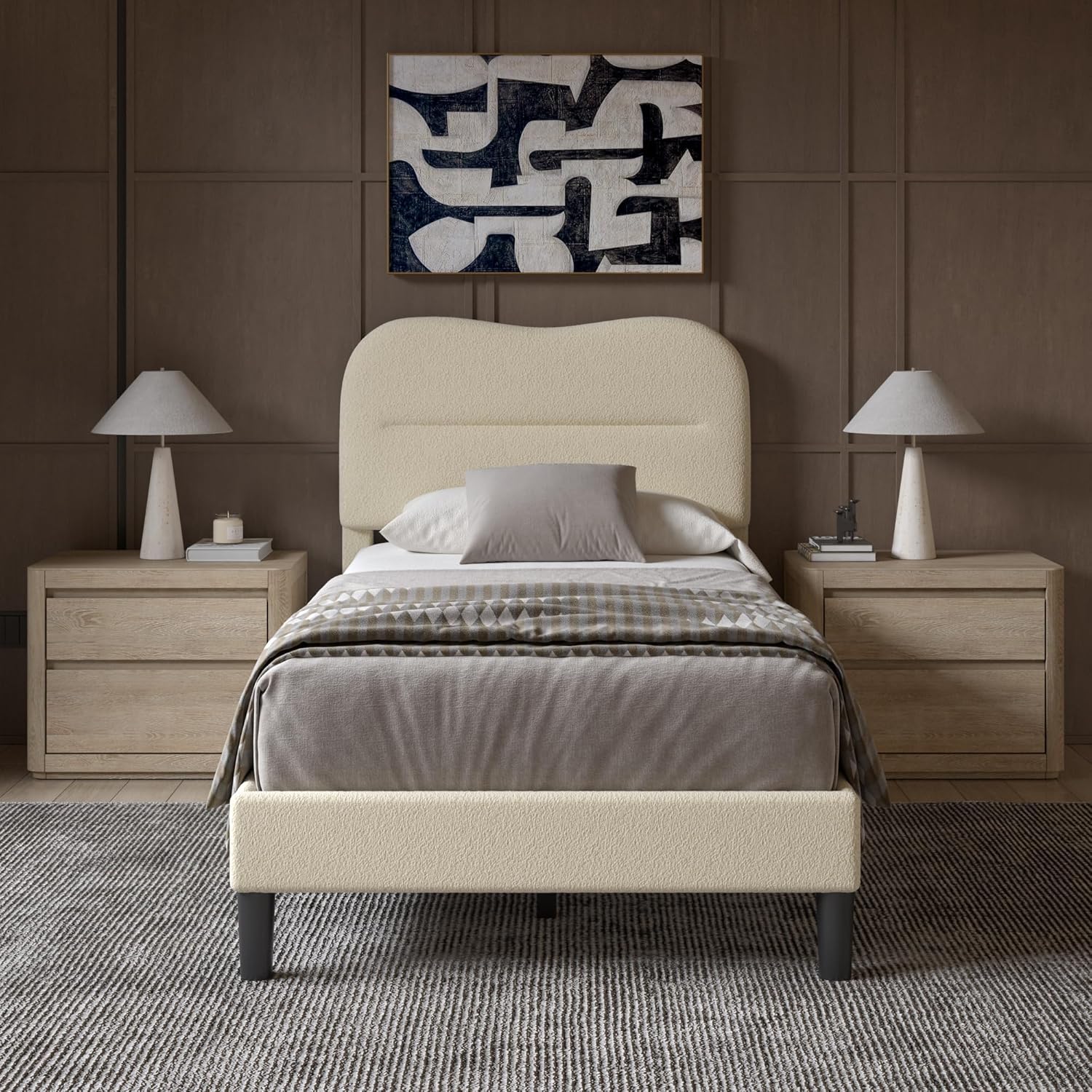 Furnulem Twin Bed Frames with Headboard Upholstered Bed Frame Teddy Soft Boucle Fabric bedframes Soft Cloud Marshmallow Shape Upholstered Headboard