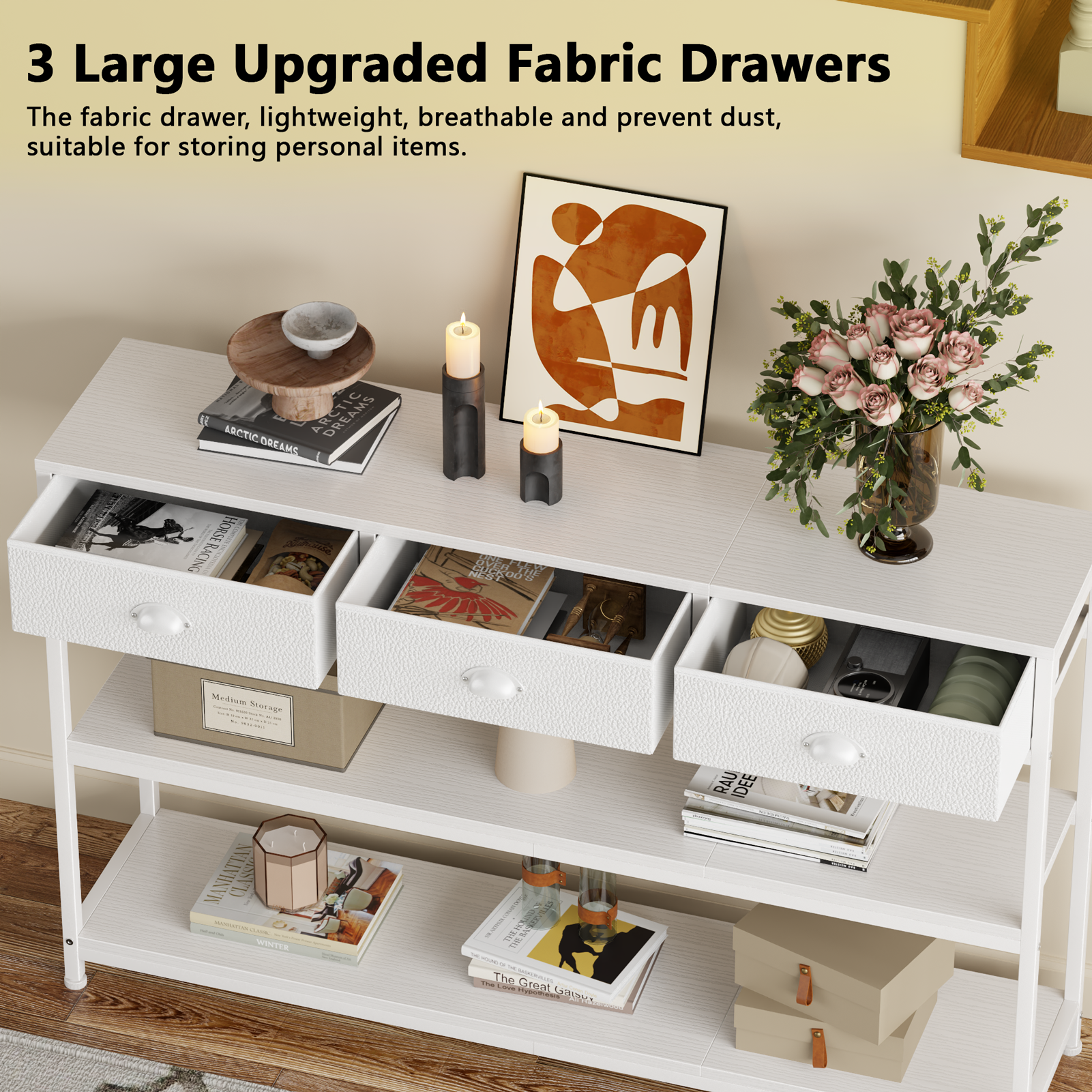 Qwatto Long 47 Inch White Entryway Table 3 Storage Drawers Three Tier Industrial Display Shelves Console Sofa Accent Table For Hallway Kitchen Foyer