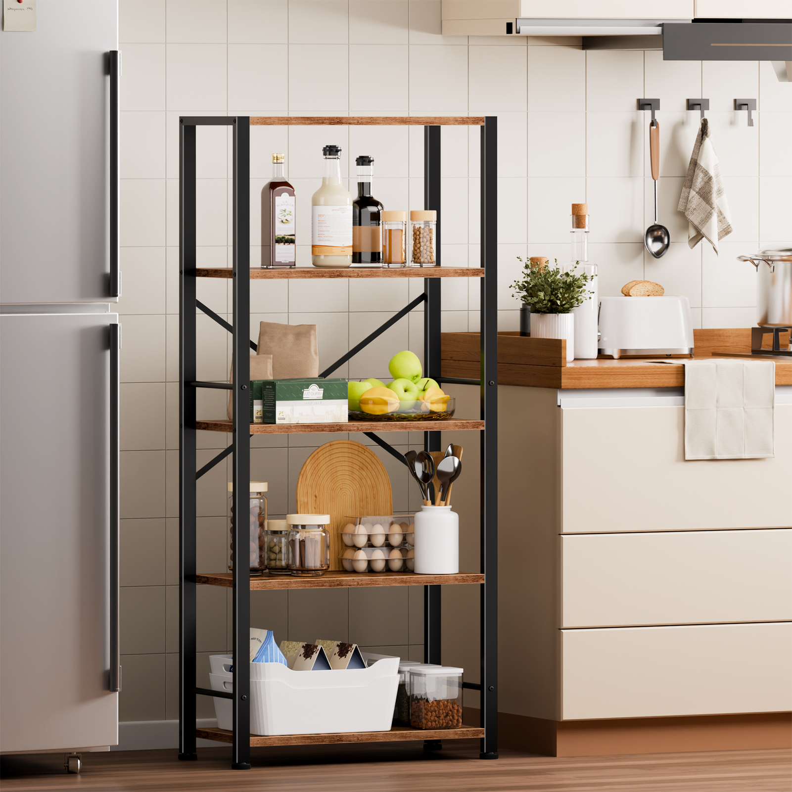 Qwatto Brown 5 Tier Tall Wide Bookshelf Wood Metal Industrial Open Display Shelving Unit Freestanding Etagere Bookcase Storage Organizer Living Room