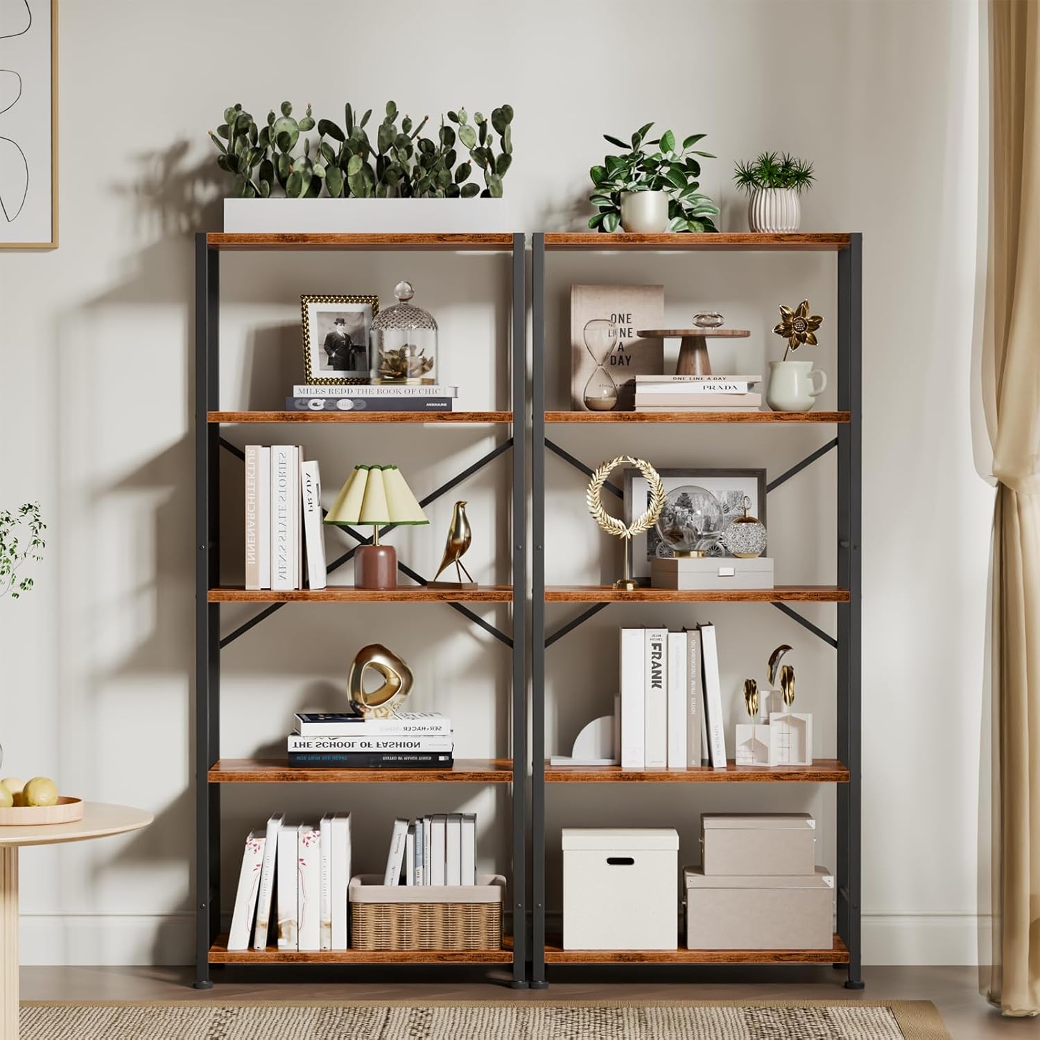 Qwatto Brown 5 Tier Tall Wide Bookshelf Wood Metal Industrial Open Display Shelving Unit Freestanding Etagere Bookcase Storage Organizer Living Room