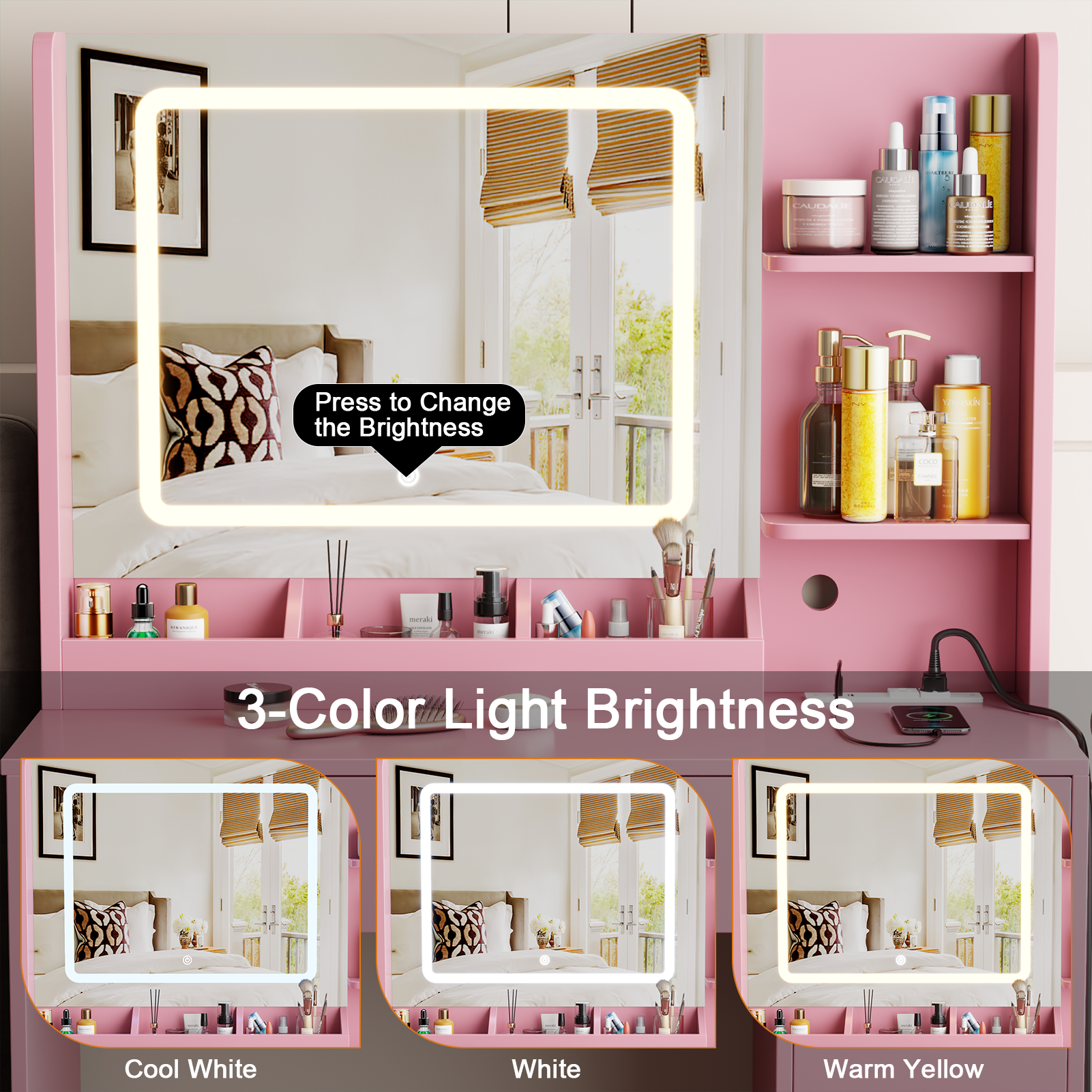 Pink Vanity Desk with Mirror and Lights Makeup Vanity Set with Stool and Power Outlet Dressing Table with Drawers Storage Shelves Lighted Mirror Desk