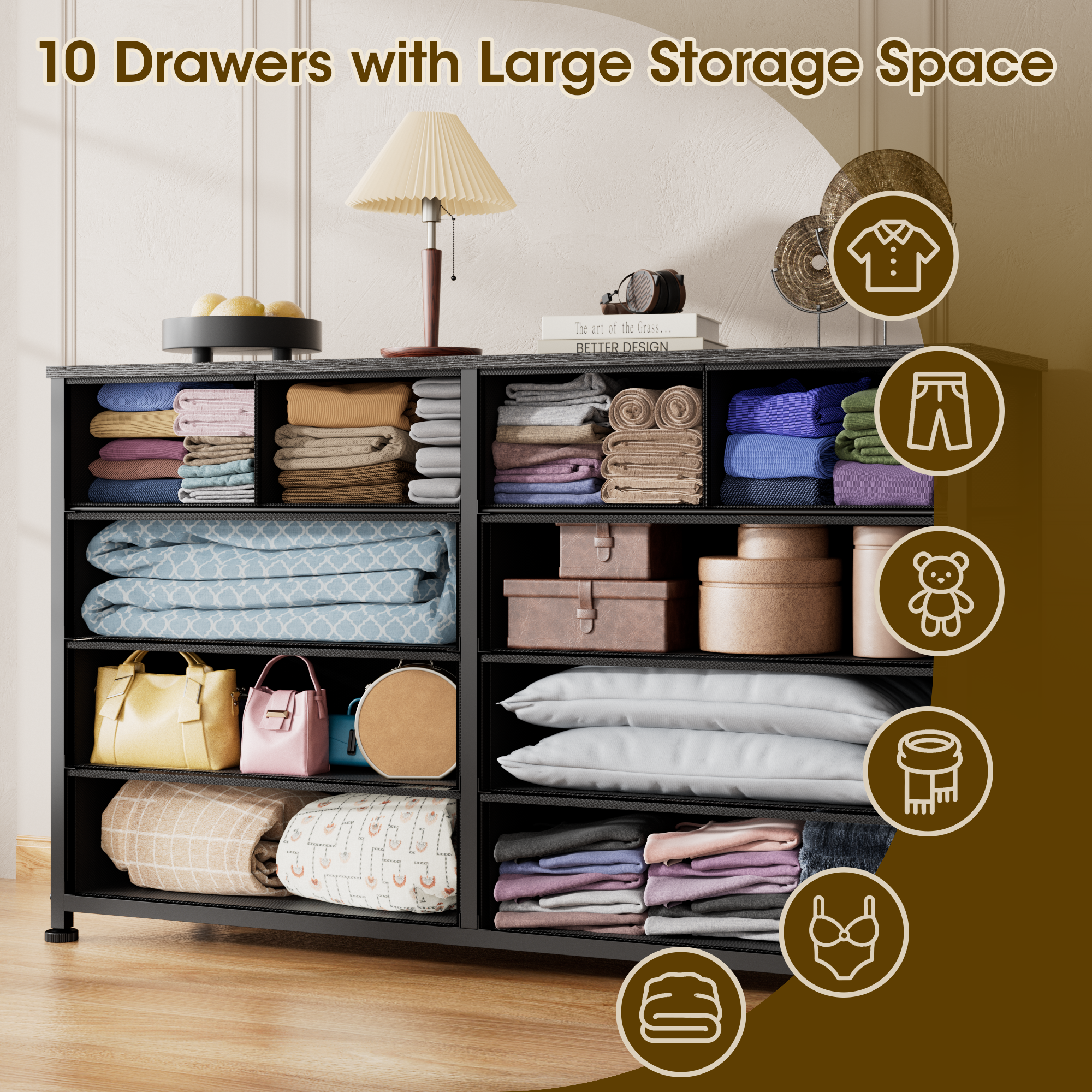 Black Dresser with 10 Fabric Dresser Tv Stand for Bedroom for 40-45-50 inch Tv Entertainment Center Chest of Drawers for Living Room Hallway Entryway