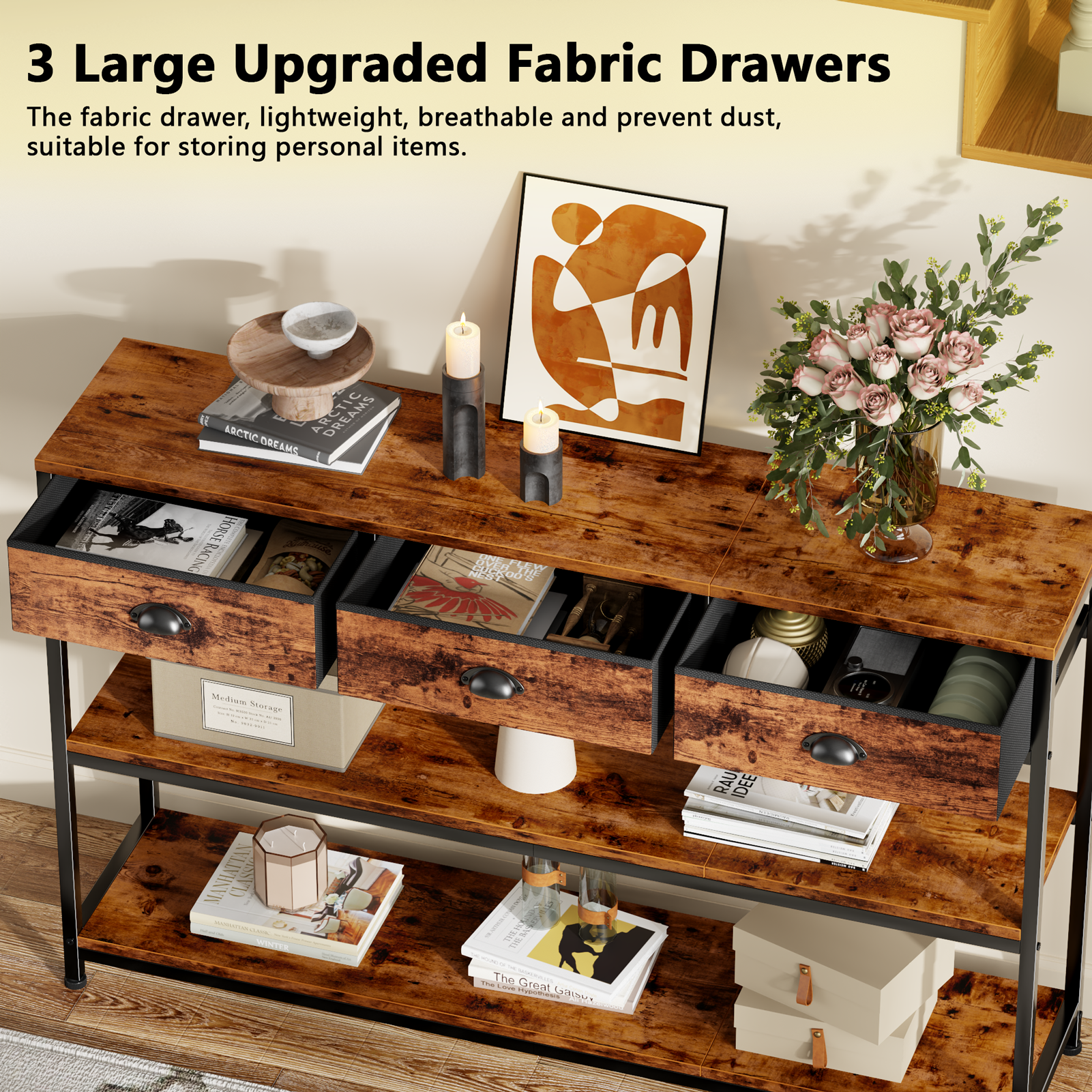 47in Wooden Rustic Brown Industrial Console Sofa Table With 3 Storage Drawers 3 Tier Display Shelves Behind Couch Entryway Living Room Foyer Hallway