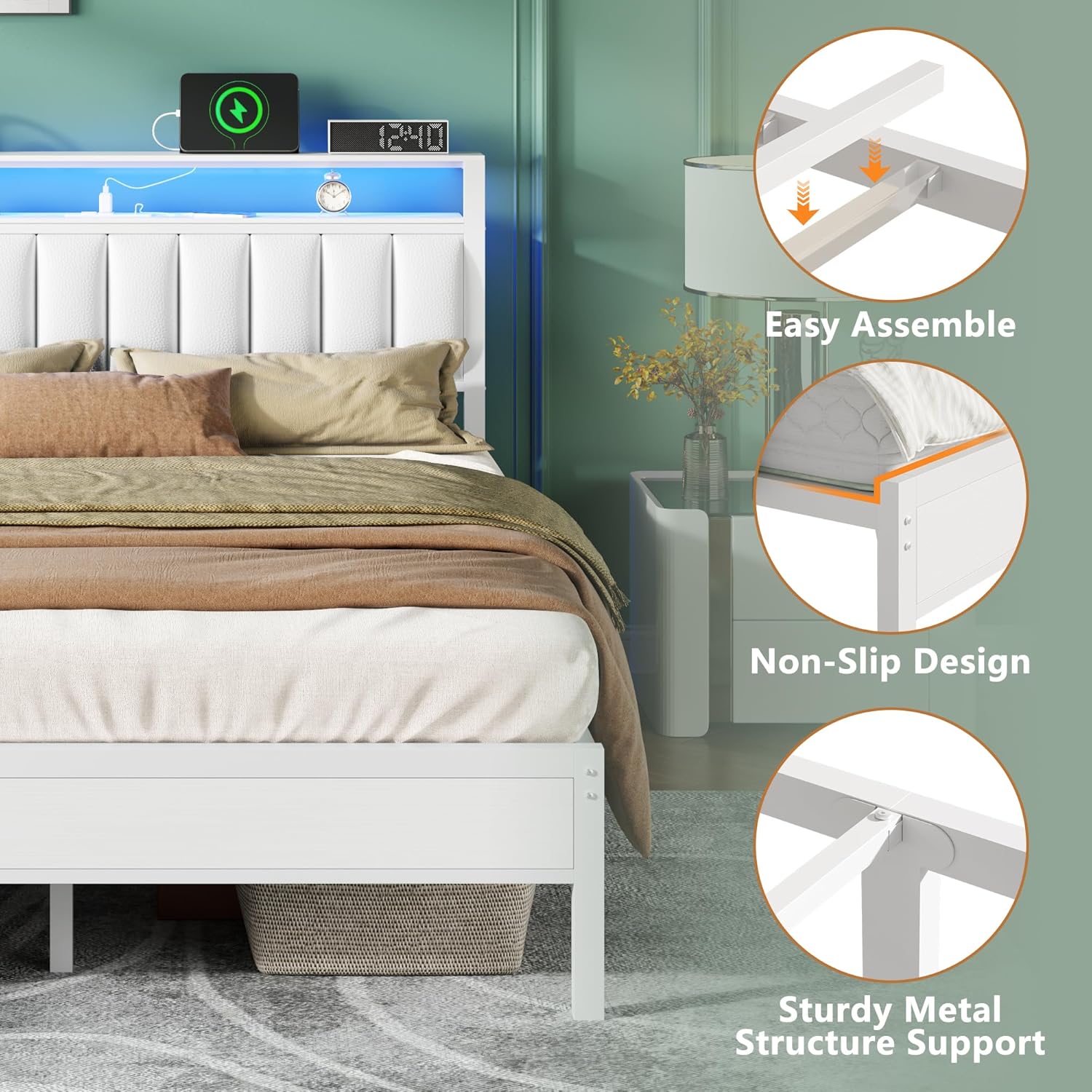 Furnulem White Full Size Bed Frame with Charging Station Led Lights, Pu Leather Upholstered Headboard W/ 2-Tier Storage Shelves No Box Spring Needed