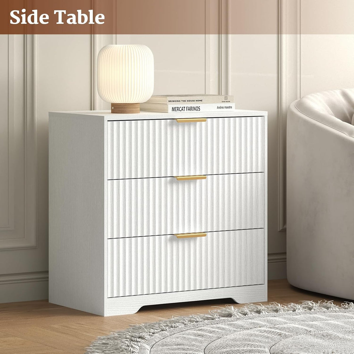 27-in Wide Fluted Night Stand 3 Drawers Large End Table with Storage White Nightstand Wood Bedside Tables Farmhouse Cabinet Dresser for Bedroom Closet