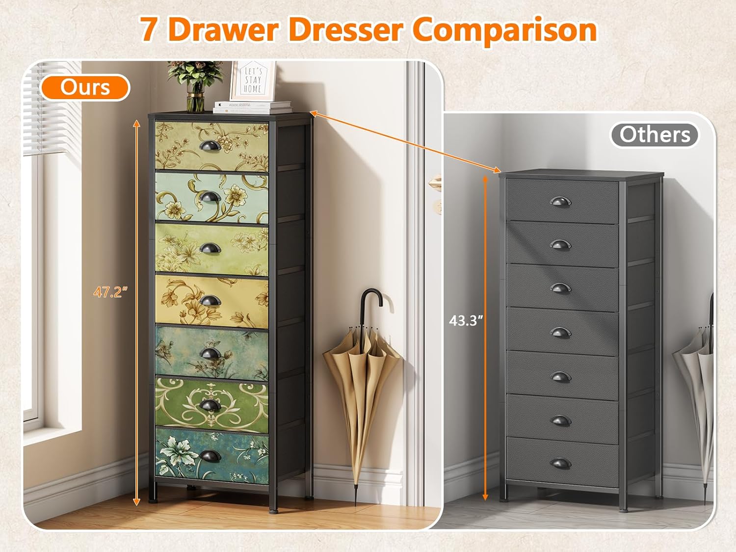 Furnulem Tall 7-Drawer Dresser – Vintage Fabric Storage Tower for Bedroom or Closet