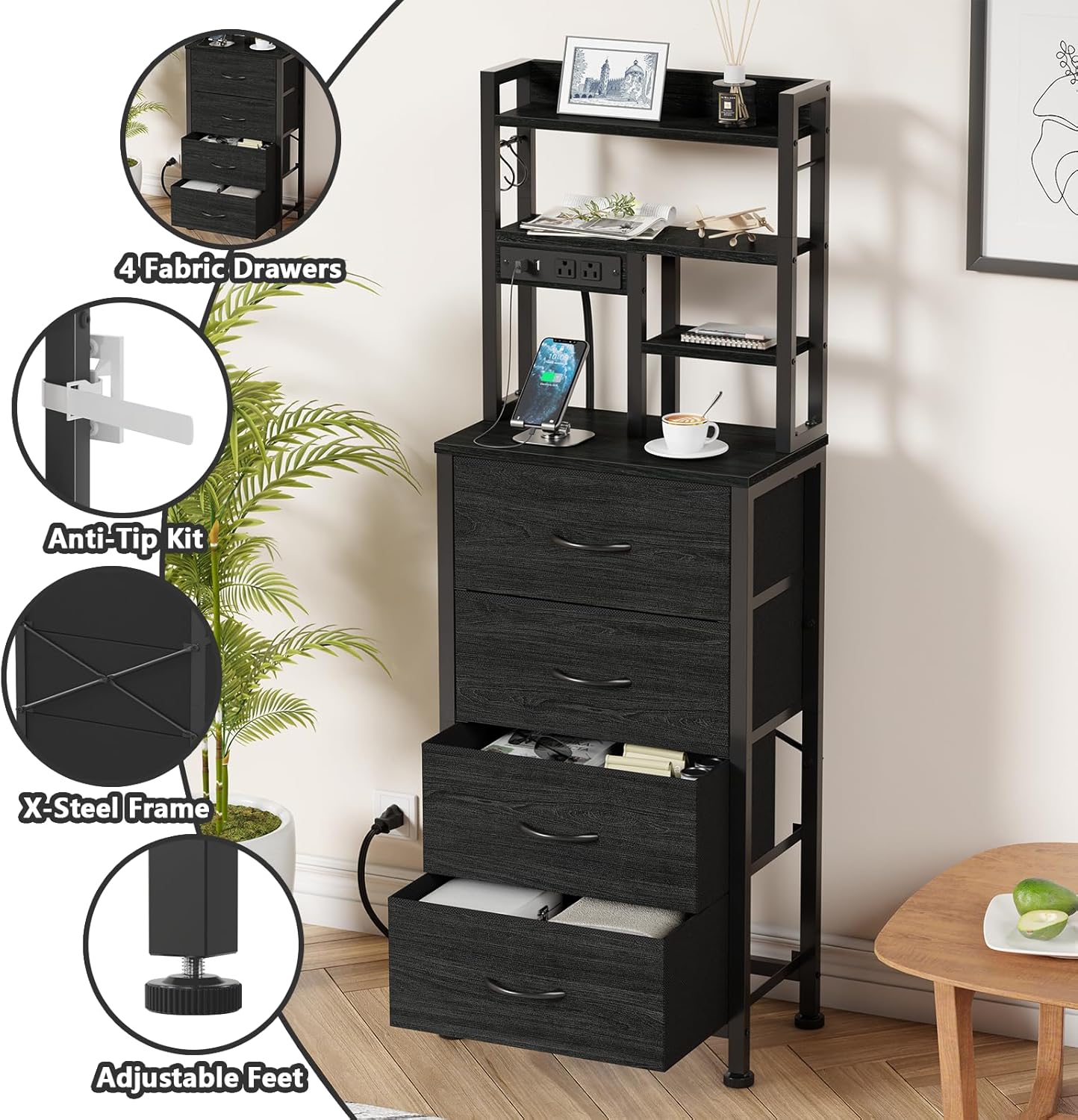 Qwatto Bedside Table with Charging Station and USB Port 4 Drawer Tall Nightstand with Shelves for Bedroom Dorm Wood Metal End Table Brown Oak Finish