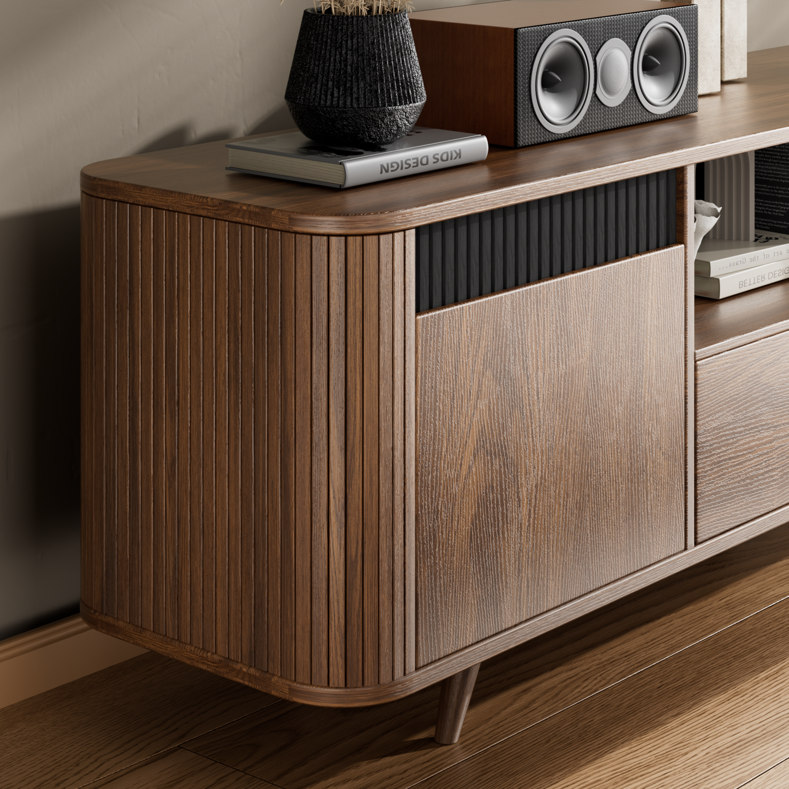 55" Modern TV Stand For 40-65 Inch TV With Drawer slides Tambour Media Console With Storage Cabinet Charging Station Shelves Cable Management Wood Leg