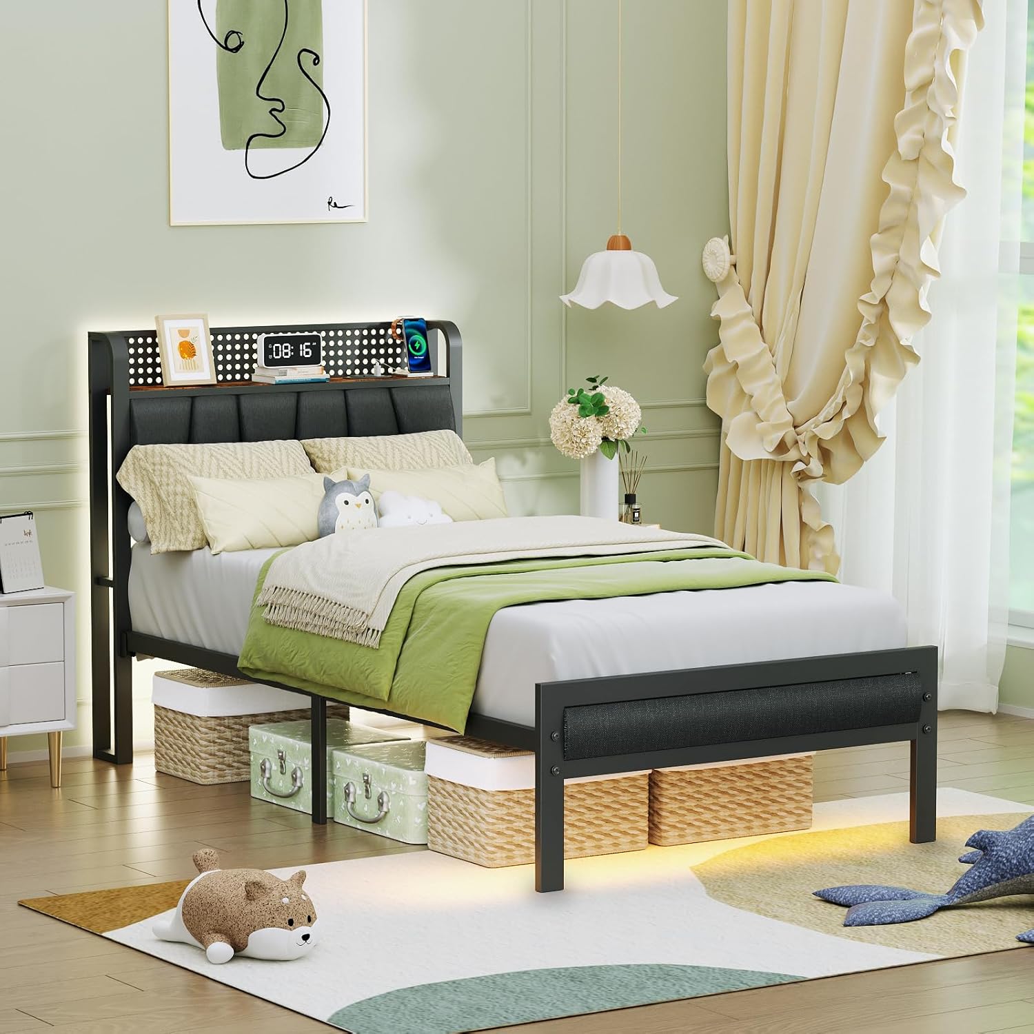 Furnulem Twin Size Bed Frame with Grey Upholstered Storage Headboard with Shelf, Metal Platform Bed with Heavy Duty Slats, No Box Spring Needed