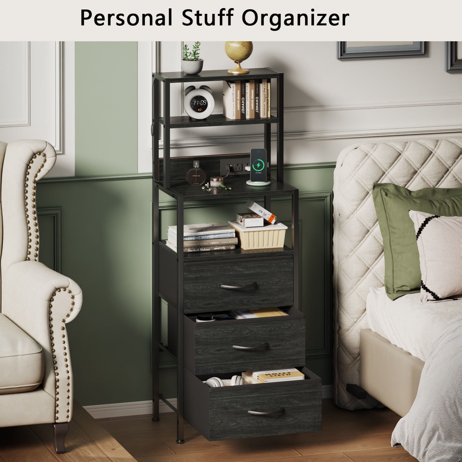 Furnulem Night Stand, Tall Nightstand with 4-Tier Shelves and 3 Fabric Drawers