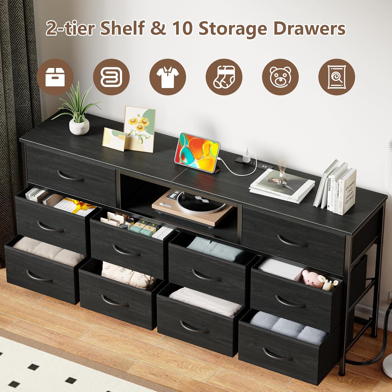 Furnulem 63" Dresser TV Stand with 10 Drawers, LED Light & Power Outlet, Black Storage Chest for Bedroom, Closet, Fits 65–75" TVs