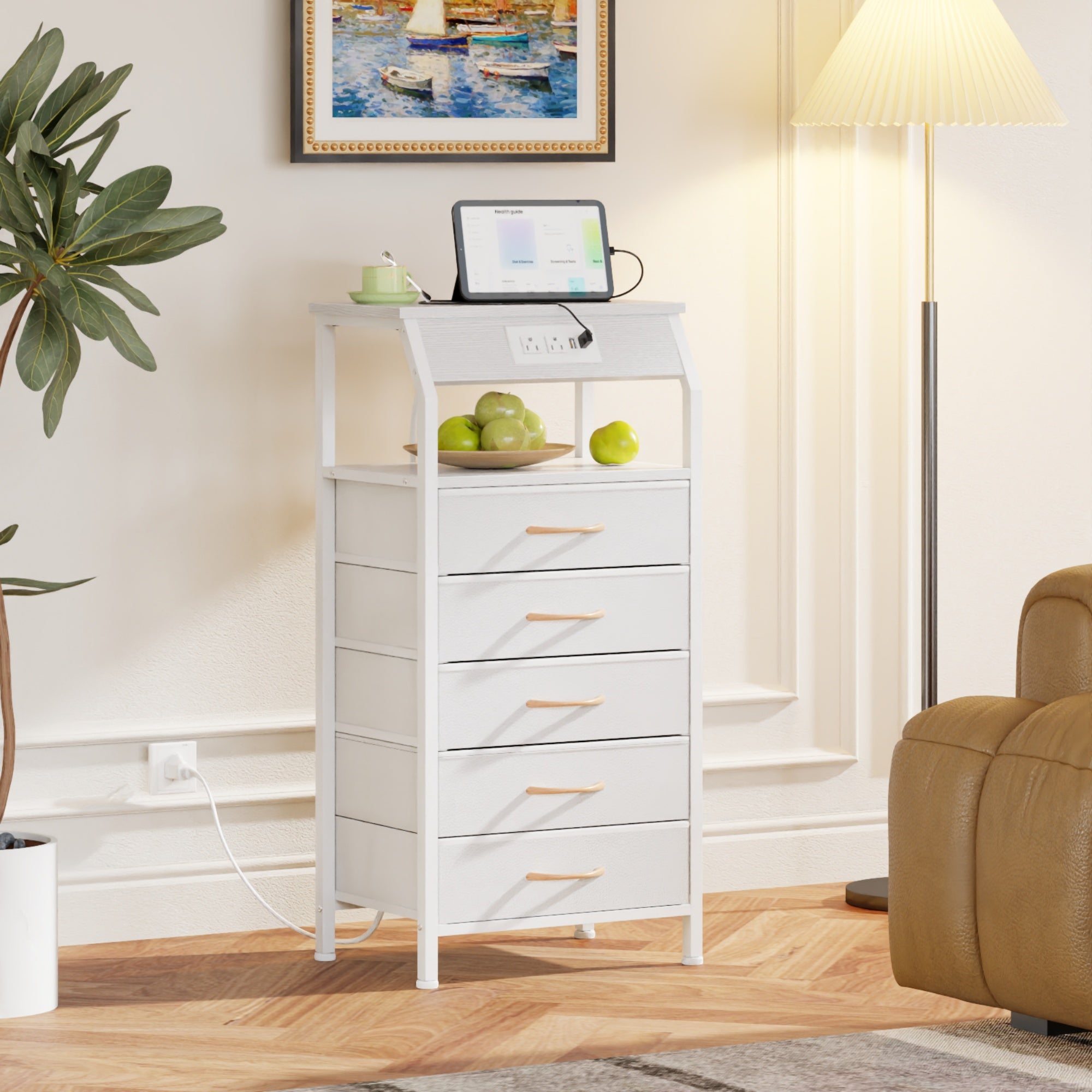 Furnulem Nightstands with 3/4/5 Drawers & Outlets, Bedside Tables with 2 USB Ports & 2-Tier Open Shelf