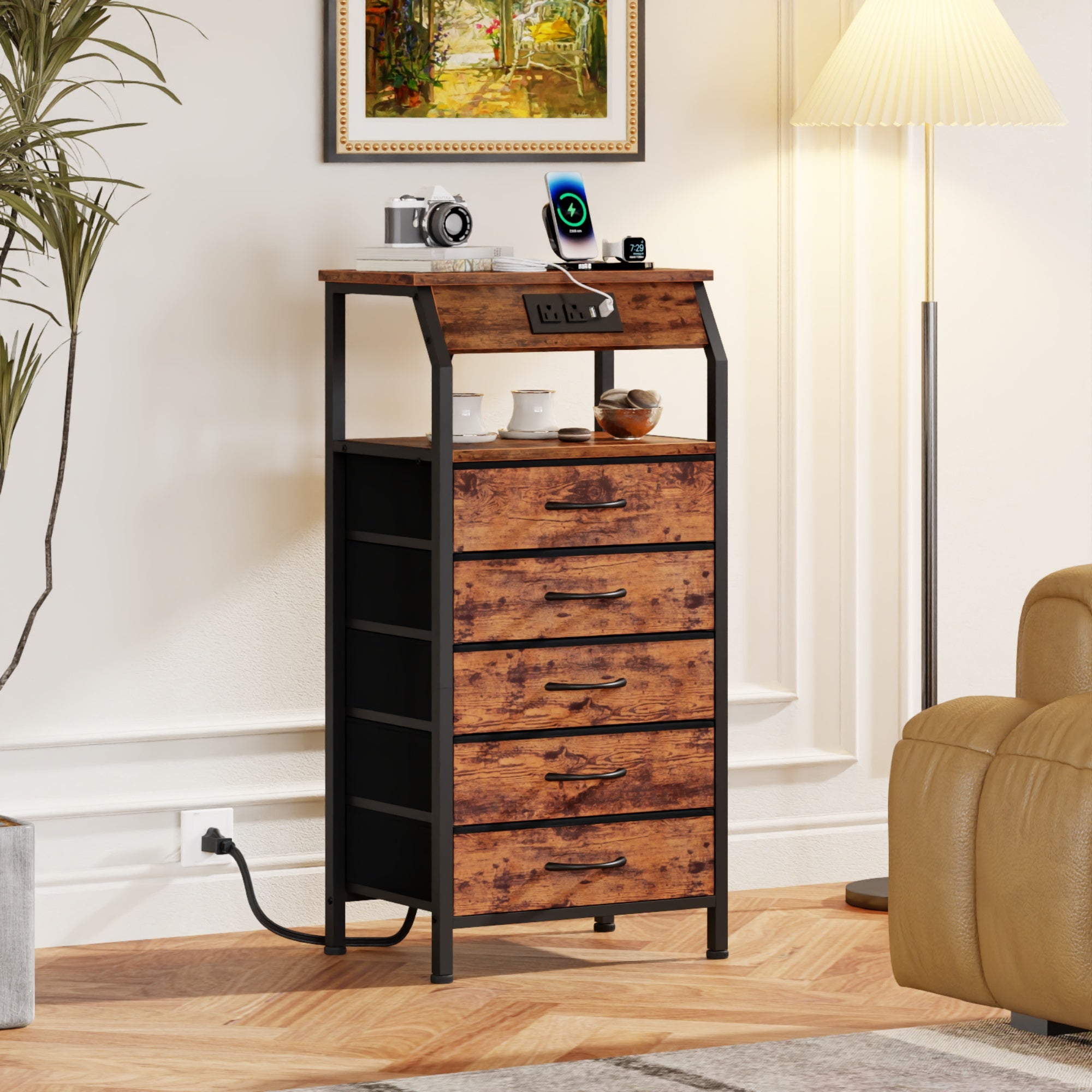 Furnulem Nightstands with 3/4/5 Drawers & Outlets, Bedside Tables with 2 USB Ports & 2-Tier Open Shelf