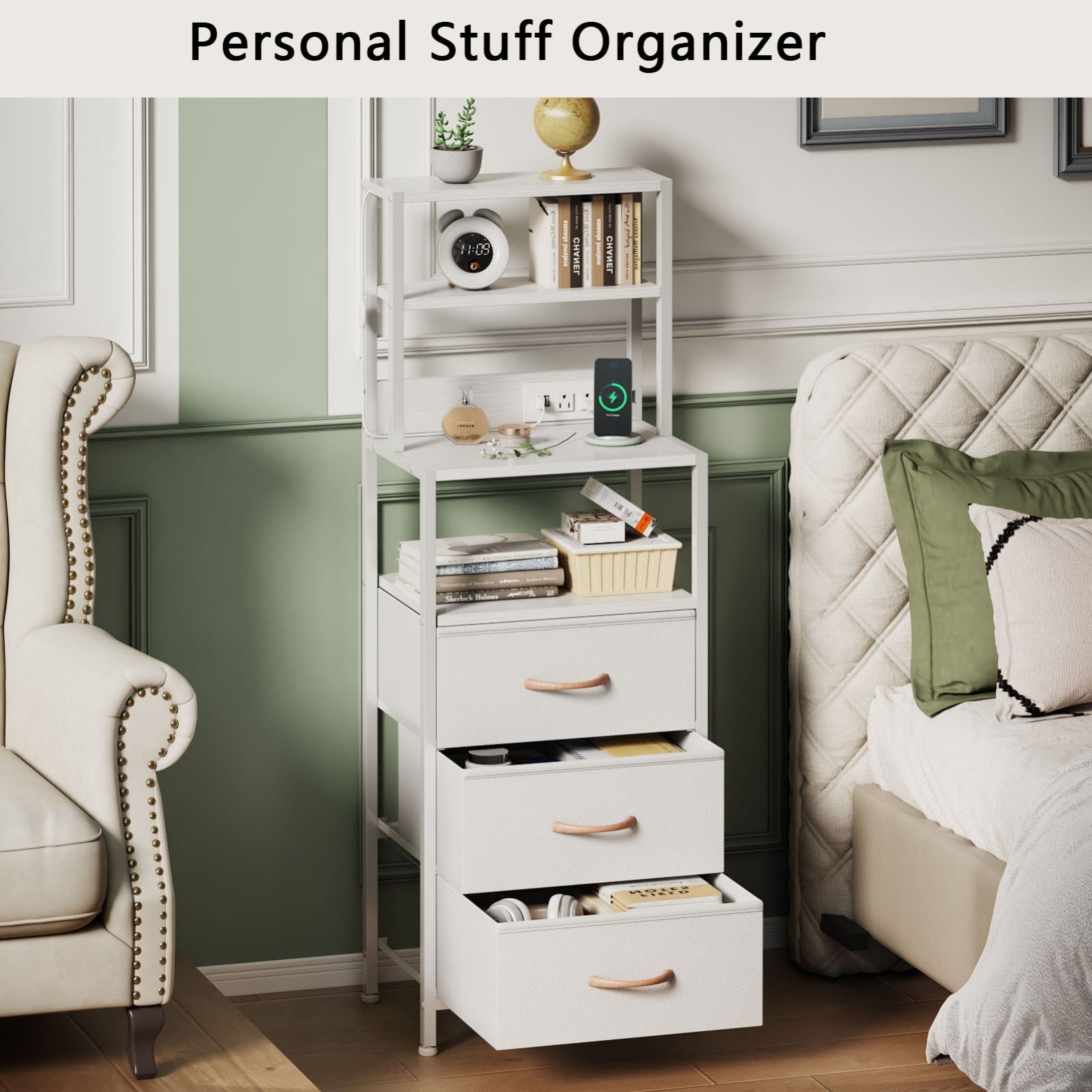 Furnulem Night Stand, Tall Nightstand with 4-Tier Shelves and 3 Fabric Drawers