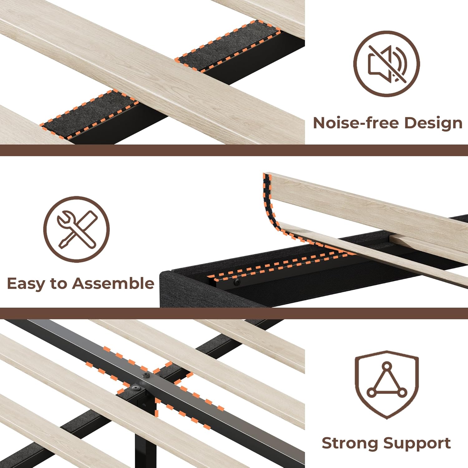 Furnulem Queen Size Bed Frames with Upholstered Headboard Bed with Charging Station and Led Lights Bed Frame with Sturdy Wooden Slats/2-Tier Storage