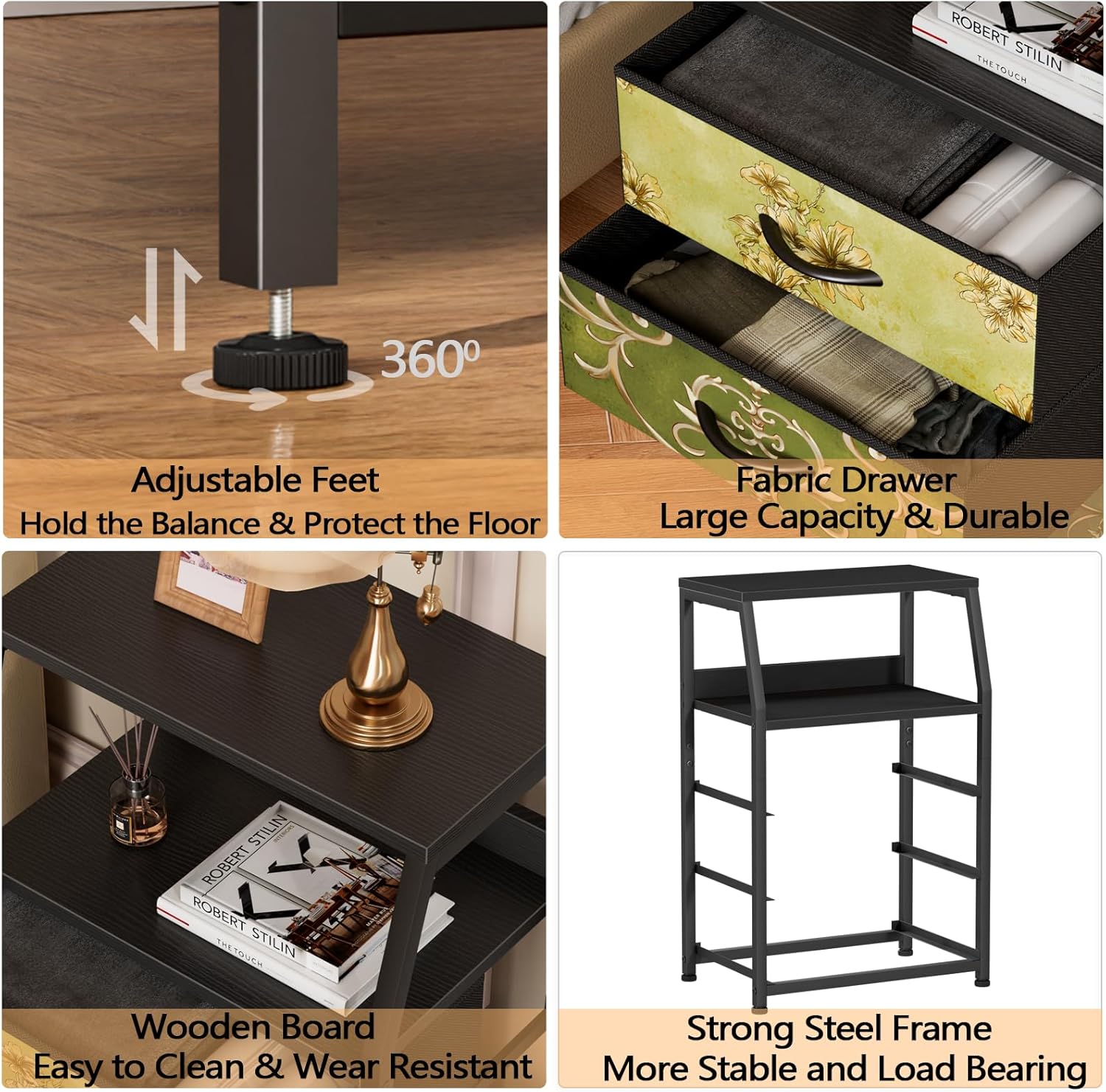 Furnulem Retro Nightstand with 3 Drawers & 2-Tier Shelf – Vintage Side Table for Bedroom or Closet