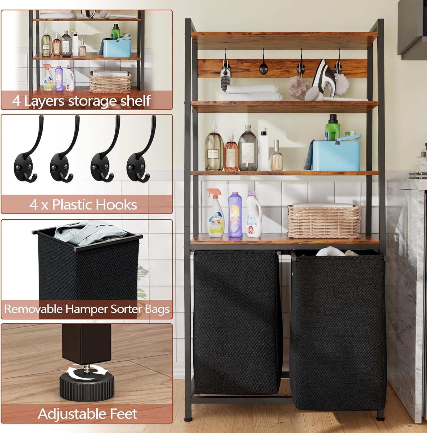 Furnulem 4-Tier Laundry Hamper with Shelf & Hooks – Tall Basket with 2 Removable Bags for Bathroom or Bedroom