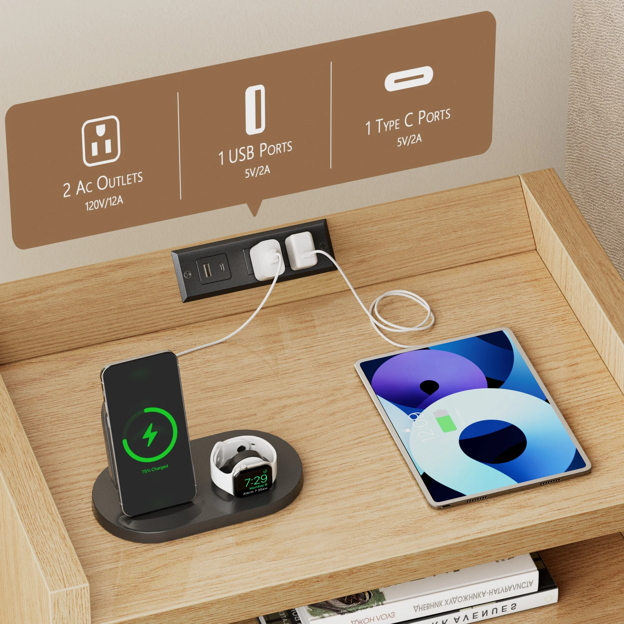 Furnulem Fluted Night Stand with Charging Station 2 Drawer Light Wood nightstand Bedside Table Night Stand for Bedroom End Table for Living Room