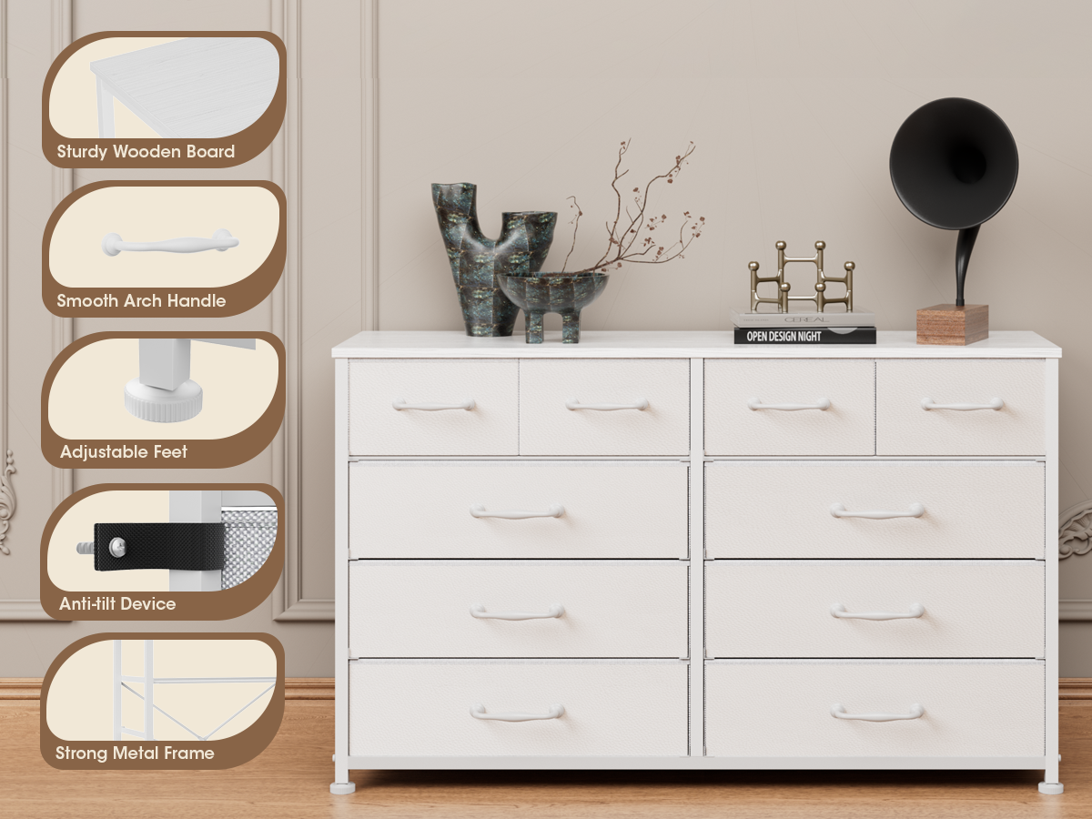 White Dresser for Bedroom with 10 Drawer Entertainment Center for 40-45-50 inch Modern Tv Stand & Chest of Drawers for Living Room Hallway Entryway