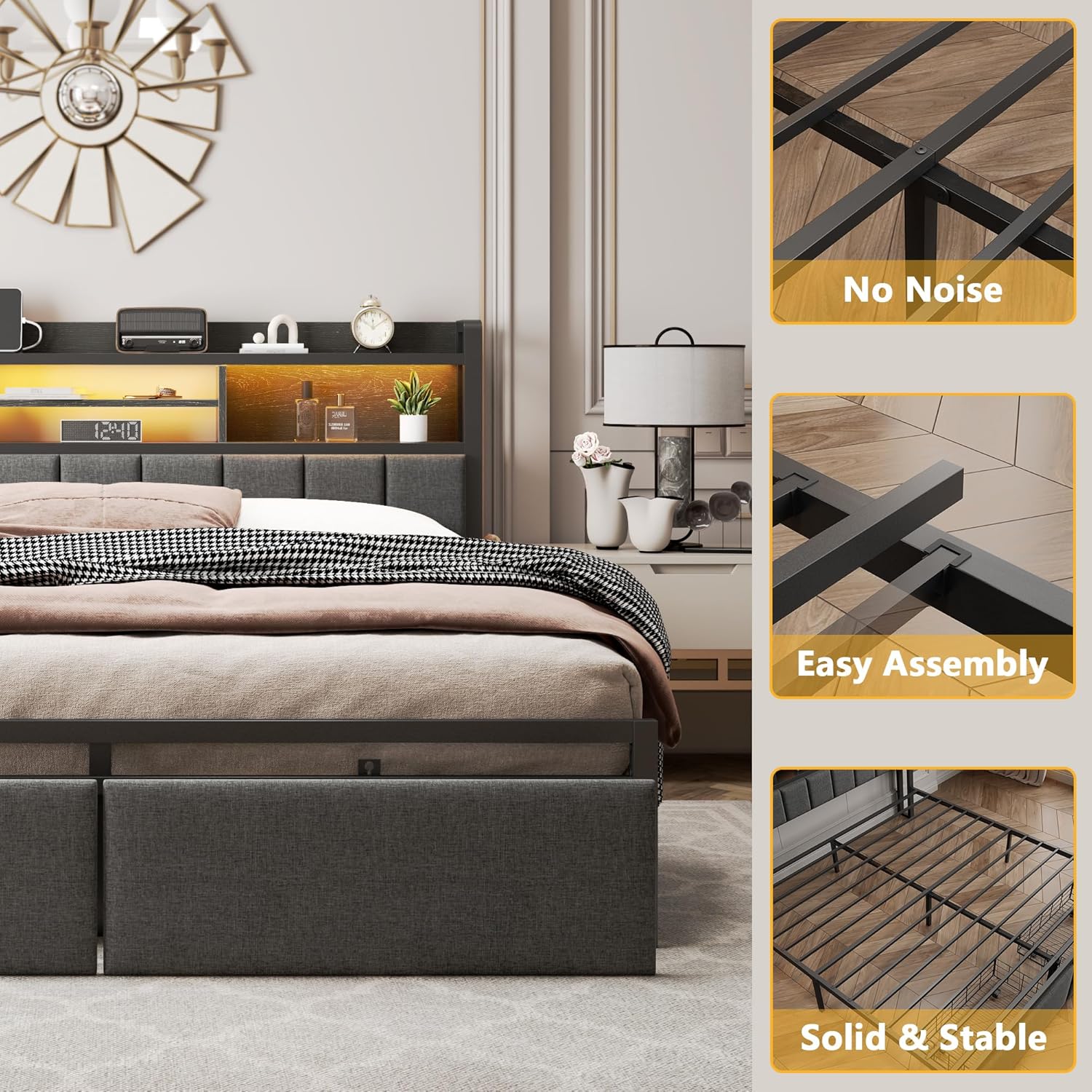 Furnulem Full Bed Frame with Storage Drawers Upholstered Headboard with Storage Shelf LED Lights and Charging Station Metal Platform Bed Frame