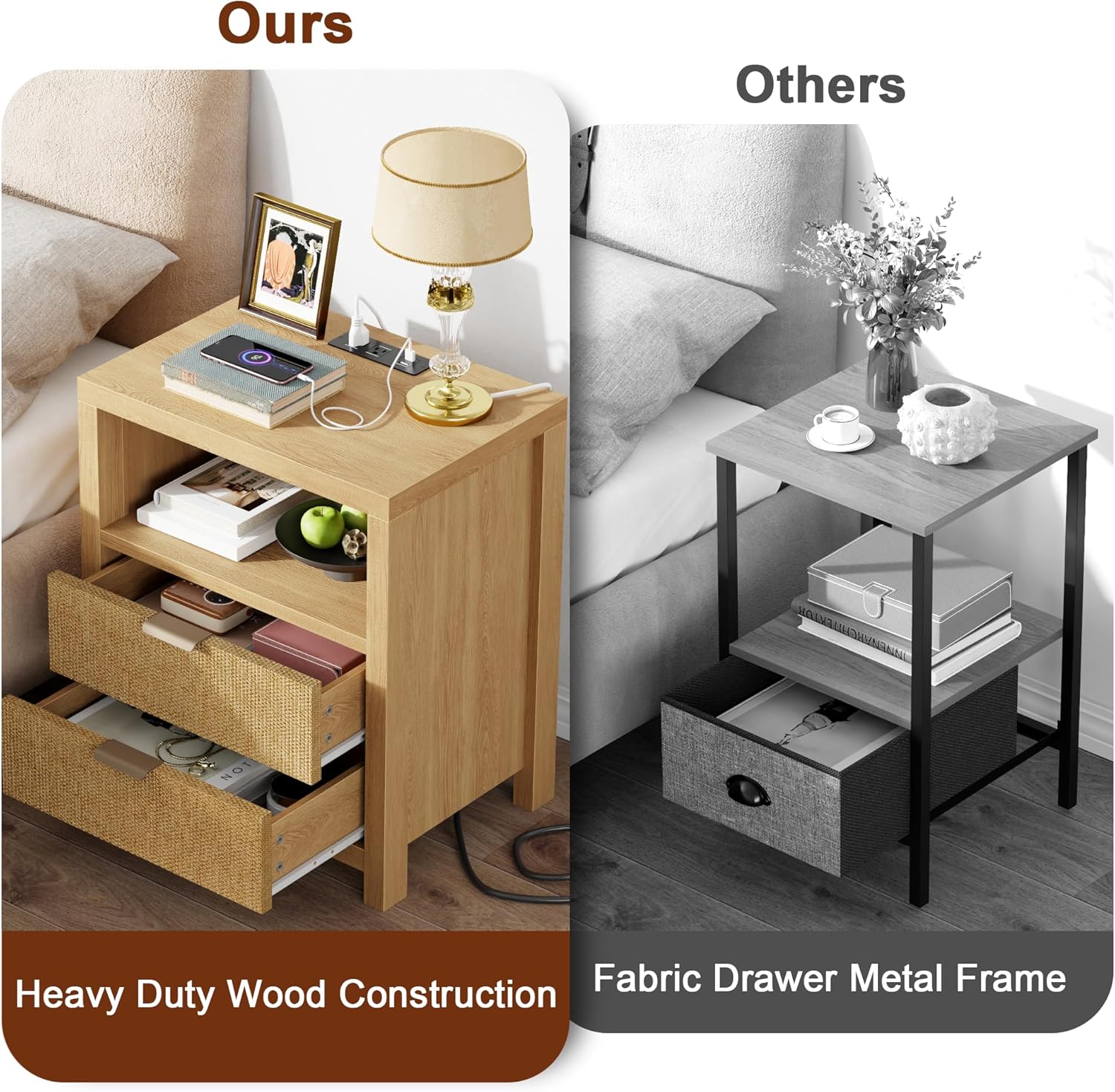 Furnulem Rattan Nightstand with Charging Station – 2-Drawer Boho Bedside Table