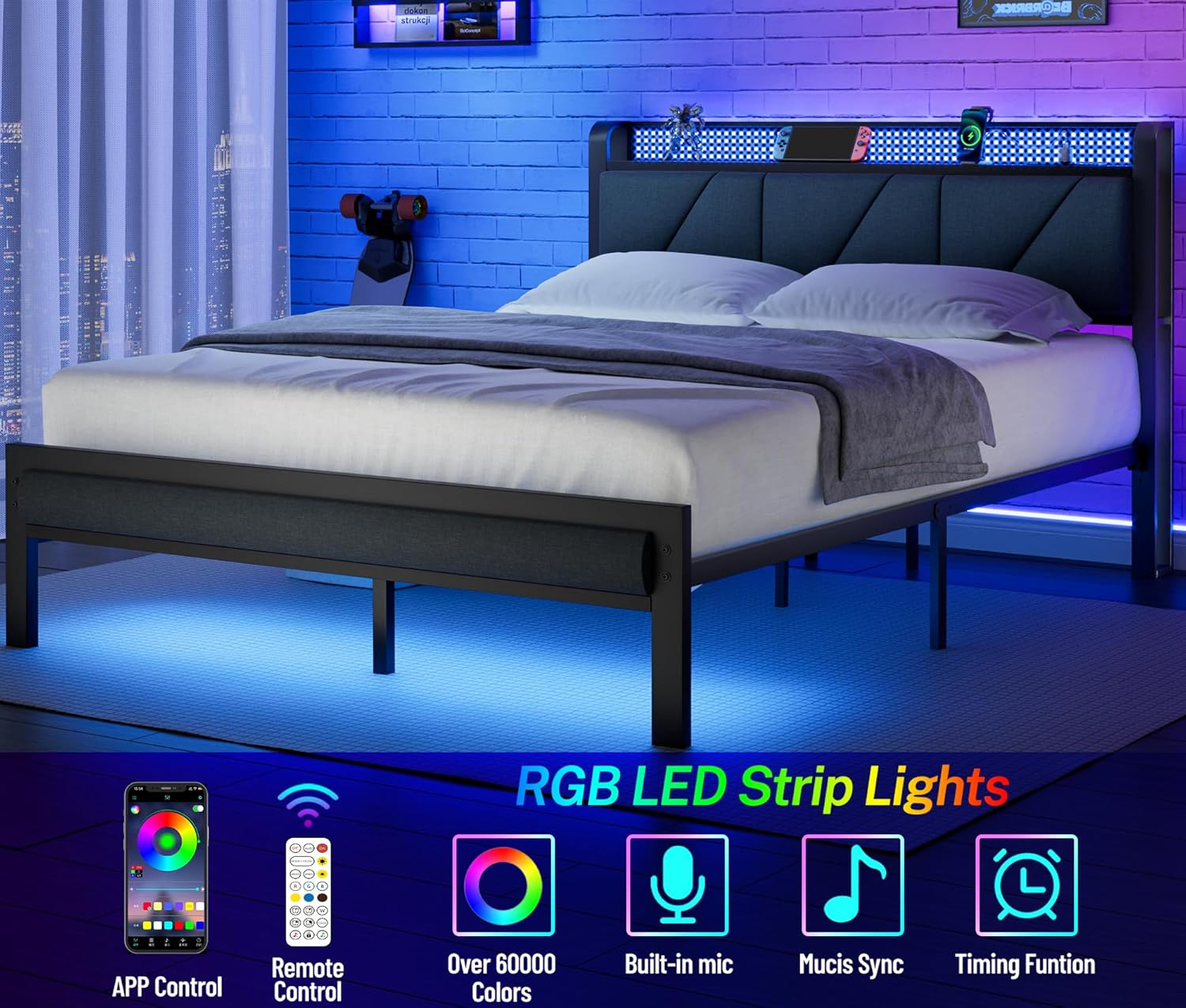 Furnulem Queen Size Bed Frame with Headboard and LED Lights, Upholstered Bedframe with Charging Station and USB Port No Box Spring Needed