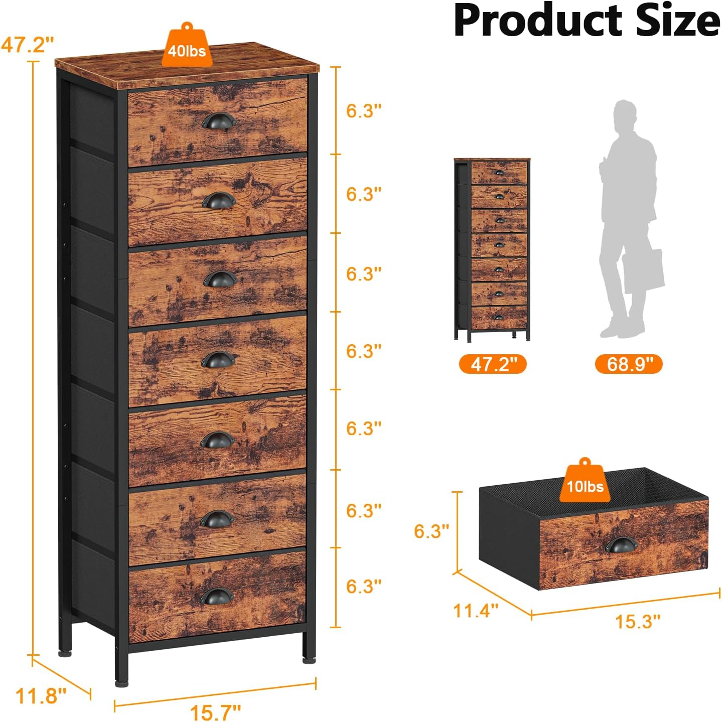 Furnulem 7-Drawer Tall Dresser – Industrial Fabric Storage Tower with Steel Frame for Bedroom, Closet, or Entryway