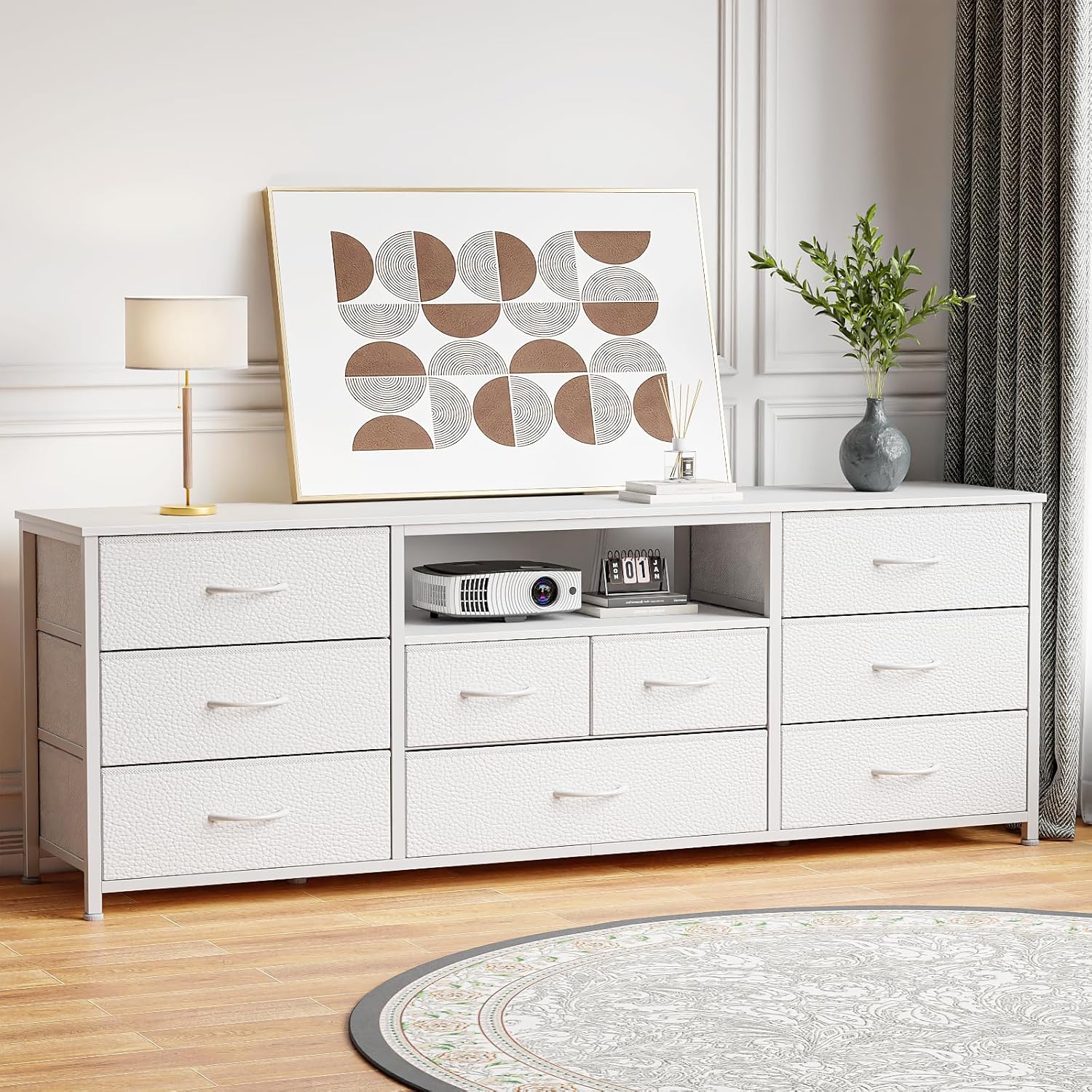 9 Drawer Dresser, 63” Long TV Stand for Bedroom, Entertainment Center with Power Outlet & LED Light for 65"-75" TV, White Dresser with Fabric Storage Drawers for Closet