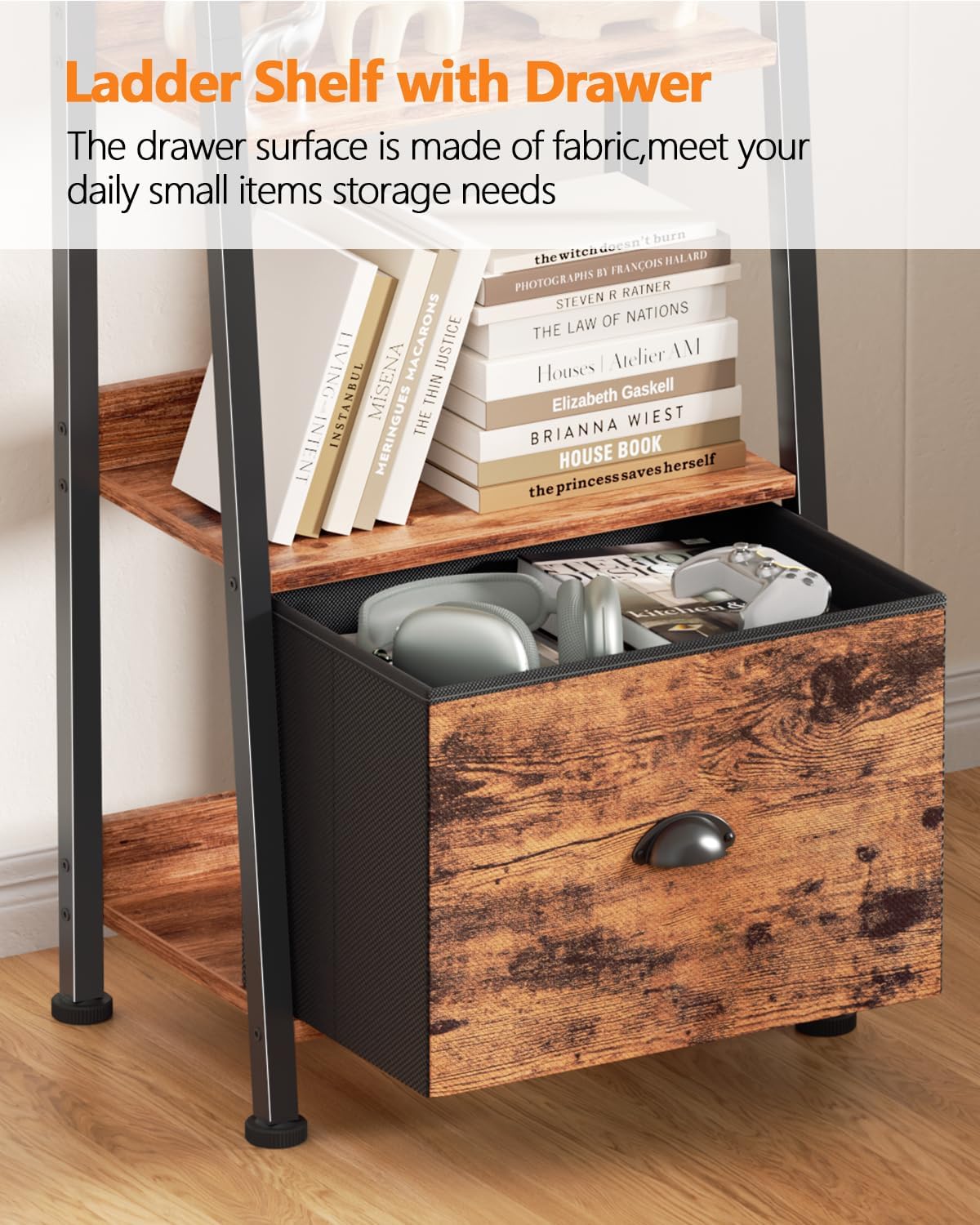 Rustic Brown 6 Tier Ladder Bookshelf with Drawer Tall Industrial Wood Metal Freestanding Storage Rack Etagere Display Bookcase for Home Office Rooms