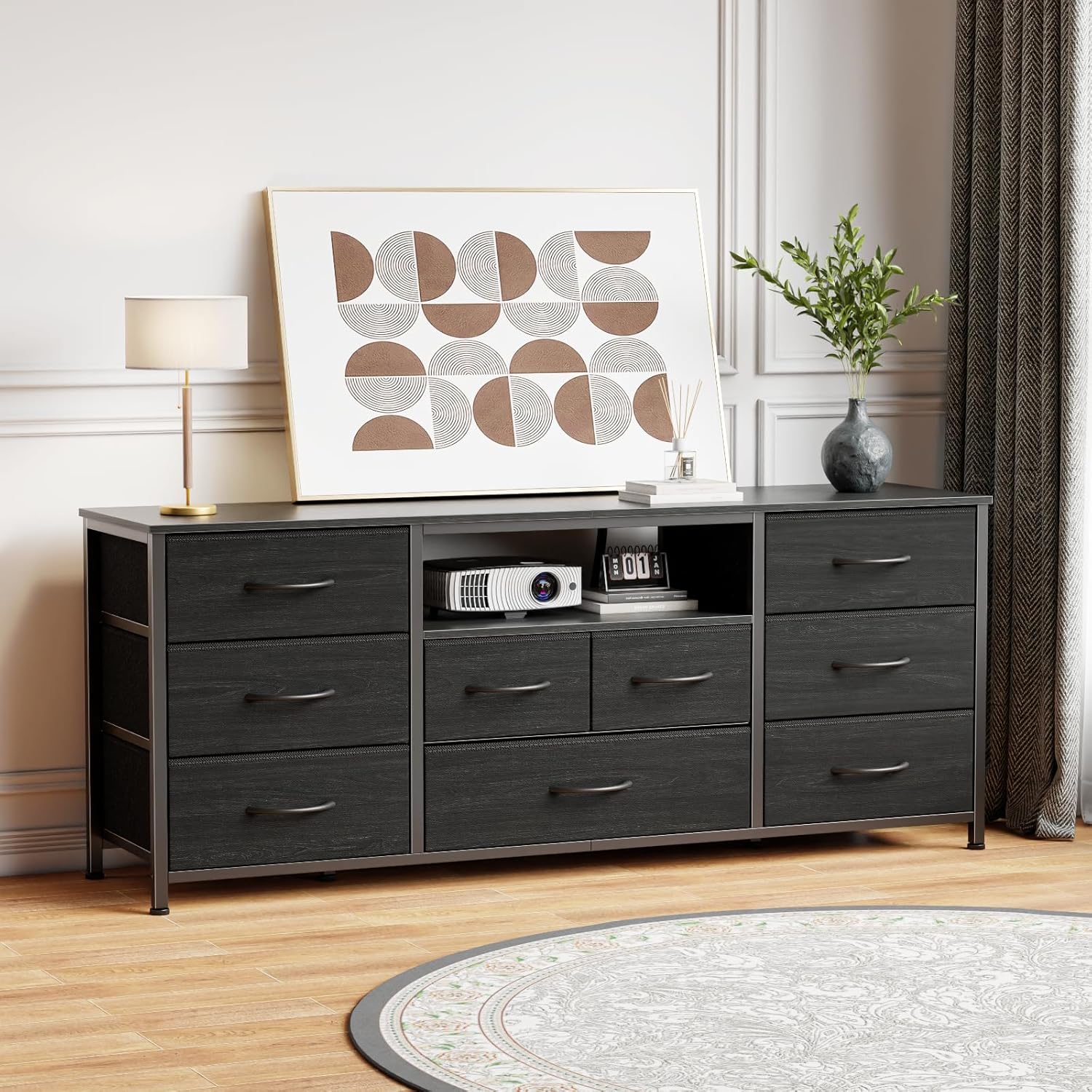 Furnulem 9 Drawer Dresser 55” Long TV Stand for Bedroom Entertainment Center with Power Outlet LED Light for 55"-65" TV Dresser with Fabric Storage