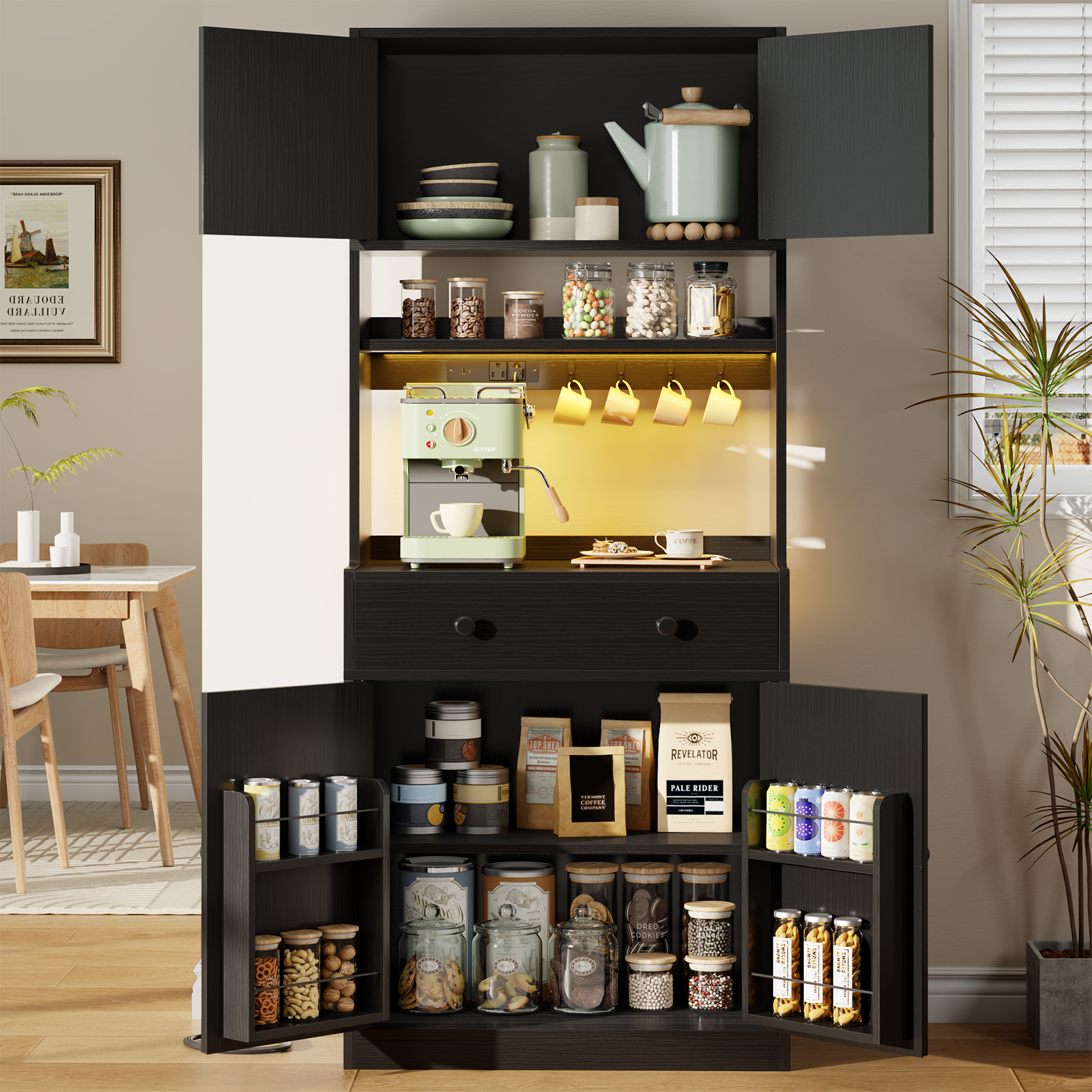71 Inch Black Kitchen Pantry Storage Cabinet Farmhouse Freestanding Microwave Stand with Hutch Doors and Drawers for Dining Room and Coffee Bar Uses