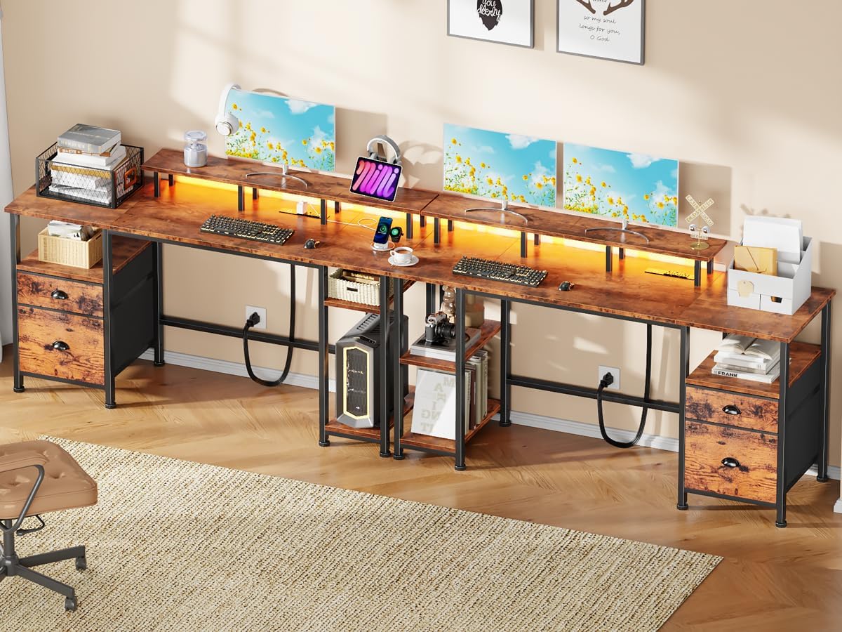 61 Inch Rustic Brown Computer Desk with Charging Station Reversible Gaming Desk LED Lights File Cabinet Monitor Stand Storage Shelves Home Office