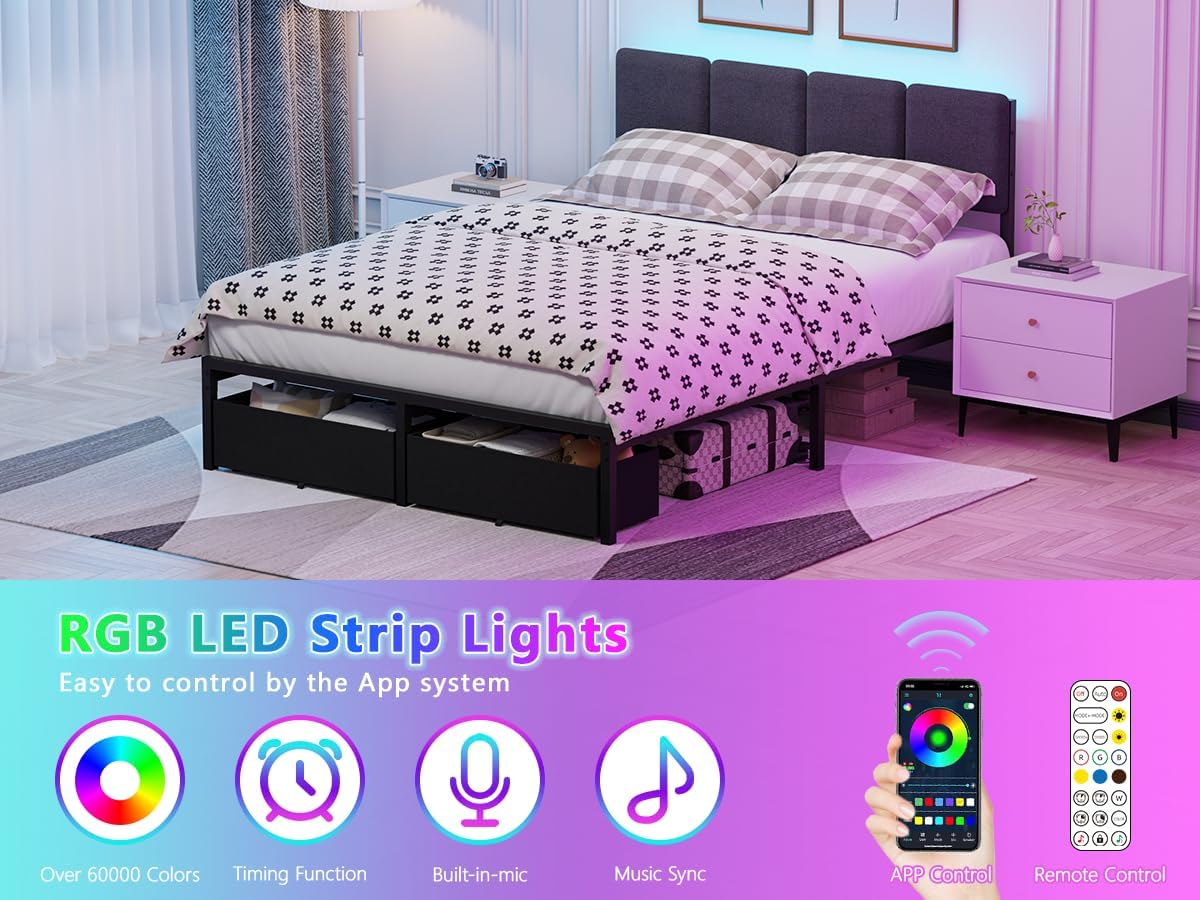 Furnulem Bed Frame with LED Headboard, Charging Station & Storage Drawers