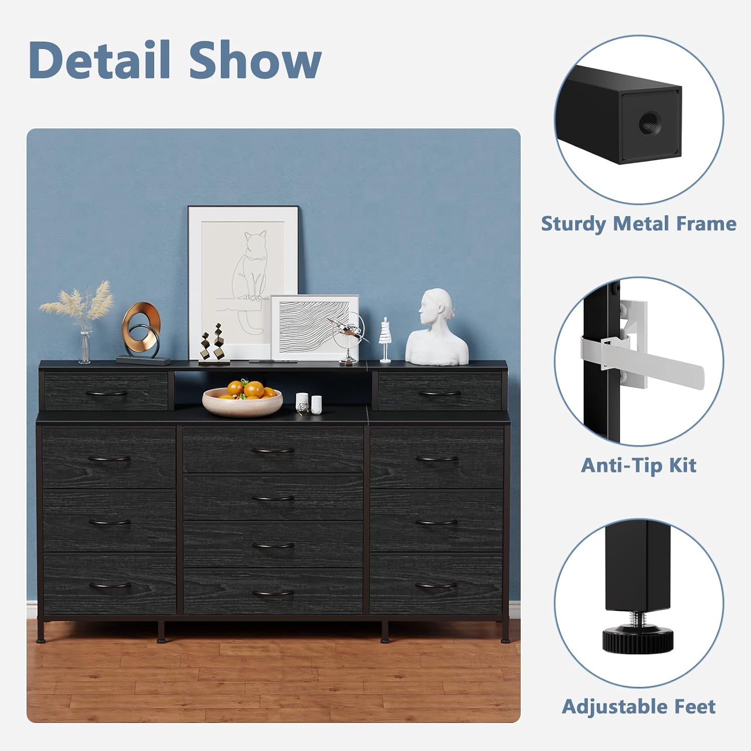Furnulem 63" Dresser with LED, Outlets & 12 Drawers – Fabric Chest for Bedroom & Closet