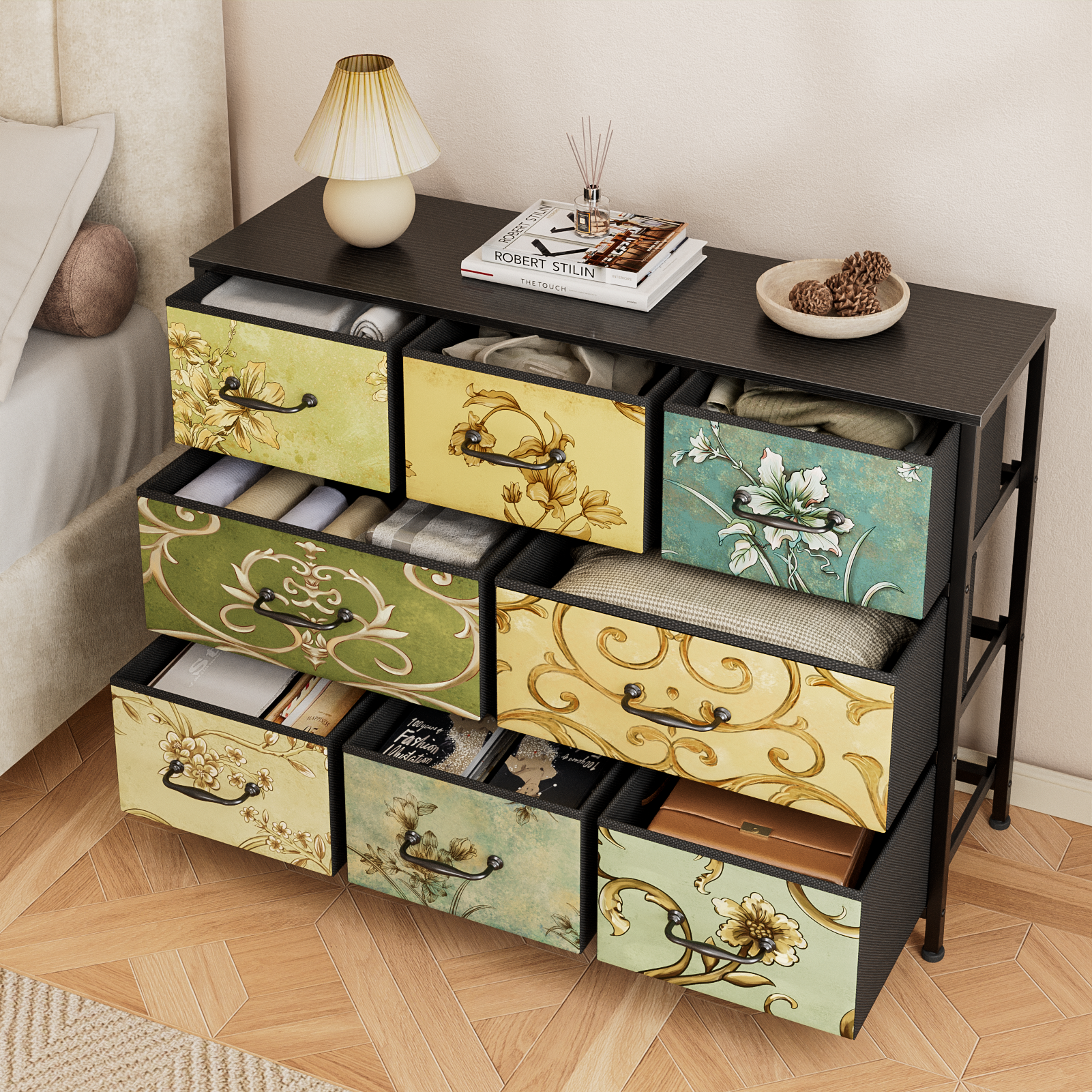 8 Drawer Wide Fabric Dresser Storage Chest Rustic Wood Top Industrial Metal Frame Organizer Unit Bedroom Living Room Closet Furniture