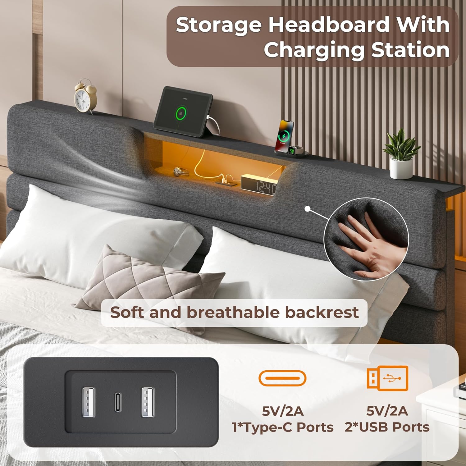 Furnulem King Size Bed Frames with Upholstered Headboard Bed with Charging Station and Led Lights Bed Frame with Sturdy Wooden Slats/2-Tier Storage