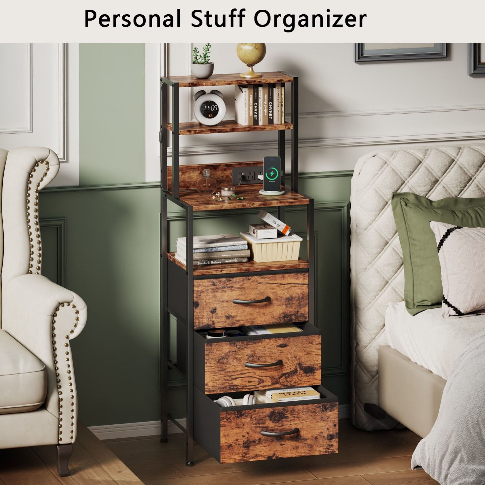 Furnulem Night Stand, Tall Nightstand with 4-Tier Shelves and 3 Fabric Drawers