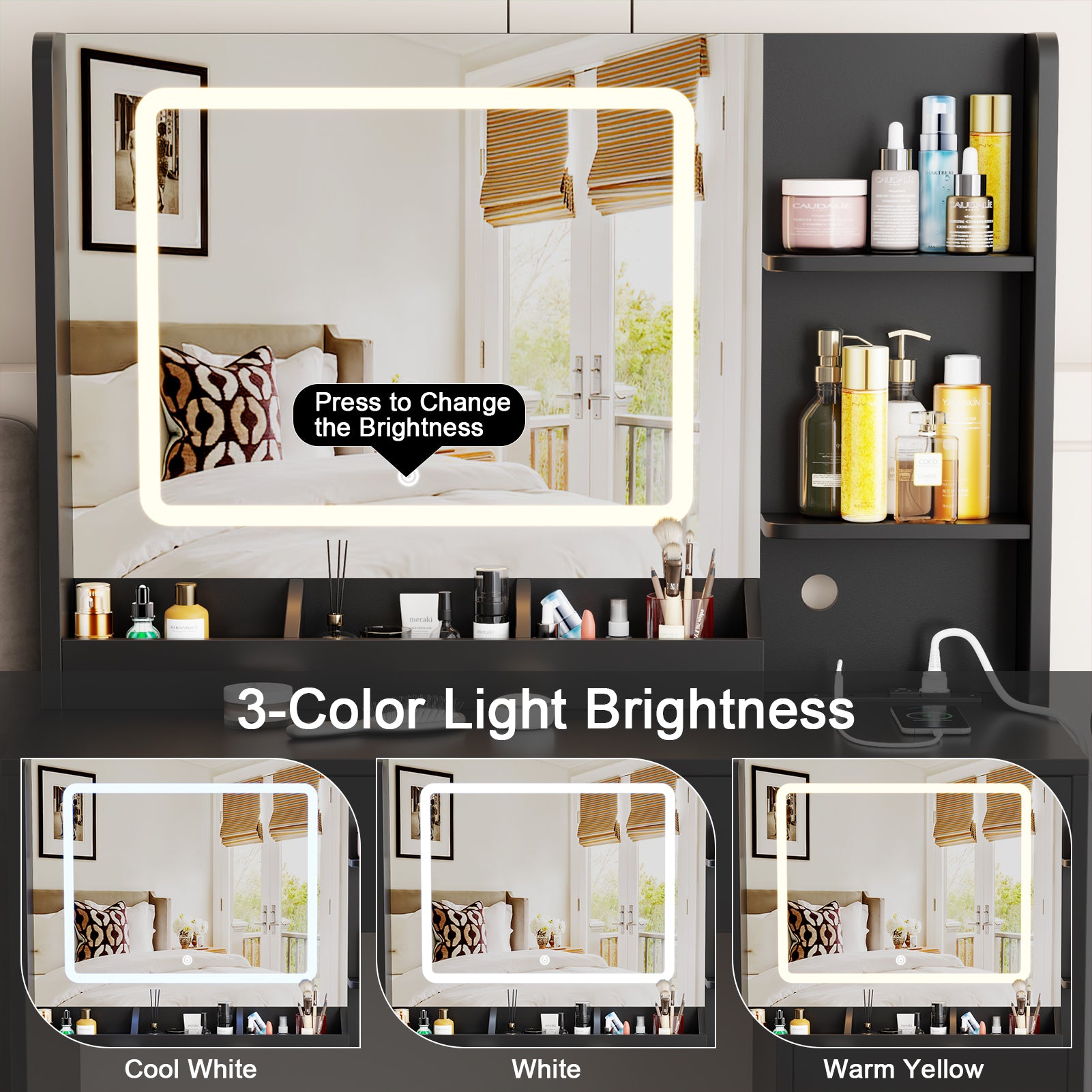 Makeup Vanity Desk with Mirror and Lights Set Black Dressing Table with Power Outlet Charging Station 3 Color Lighted Mirror Drawers Storage Cabinet