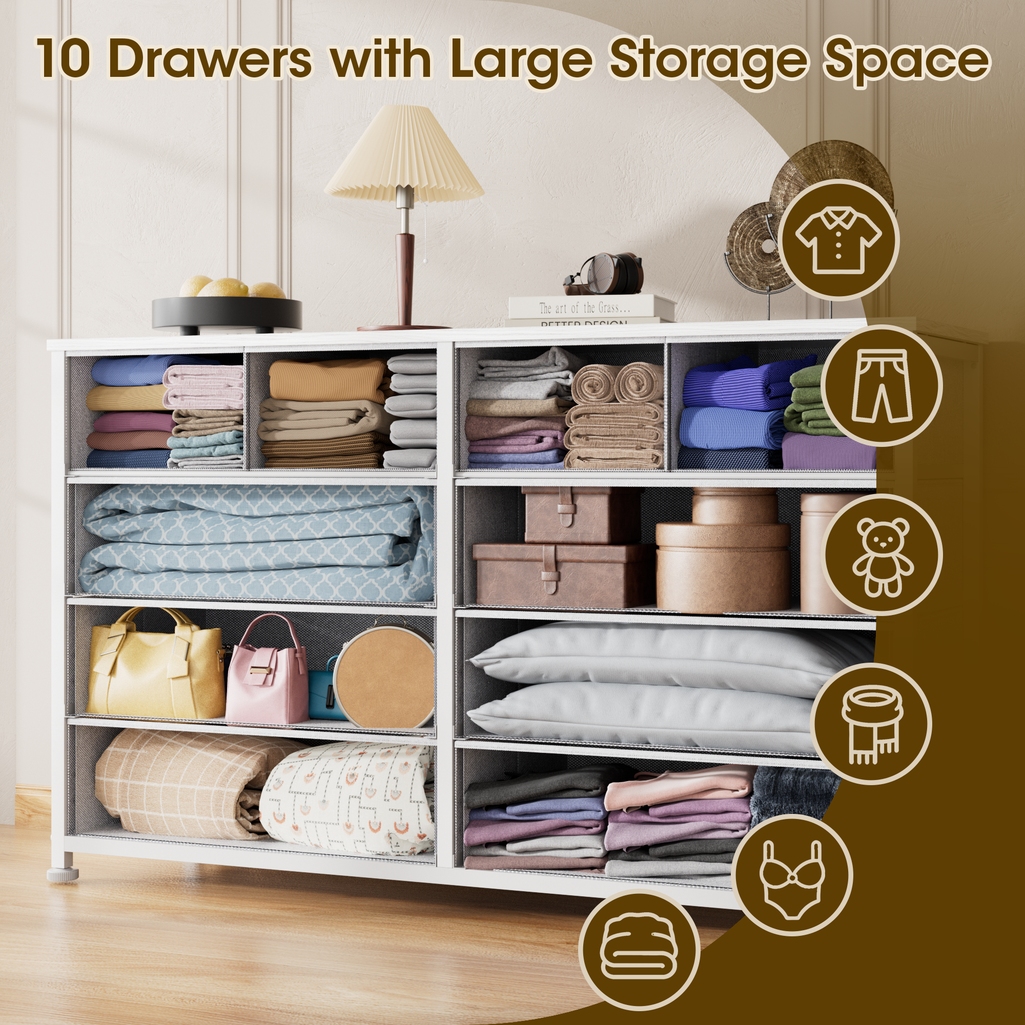 Dresser for Bedroom with 10 Fabric Dresser TV Stand for 40-45-50 inch Tv Dressers Chest of Drawers for Living Room Hallway Entryway Metal Frame White