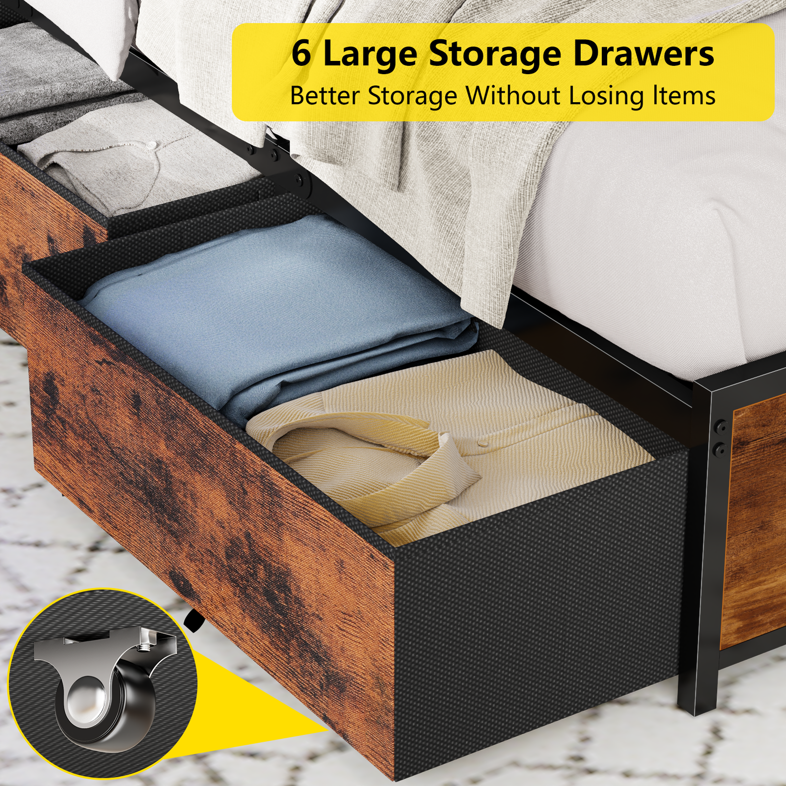 Queen Bed Frame with 6 Storage Drawers Metal Platform Bed Frame with 2-Tier Storage Headboard LED Built in Charging Station No Box Spring Needed