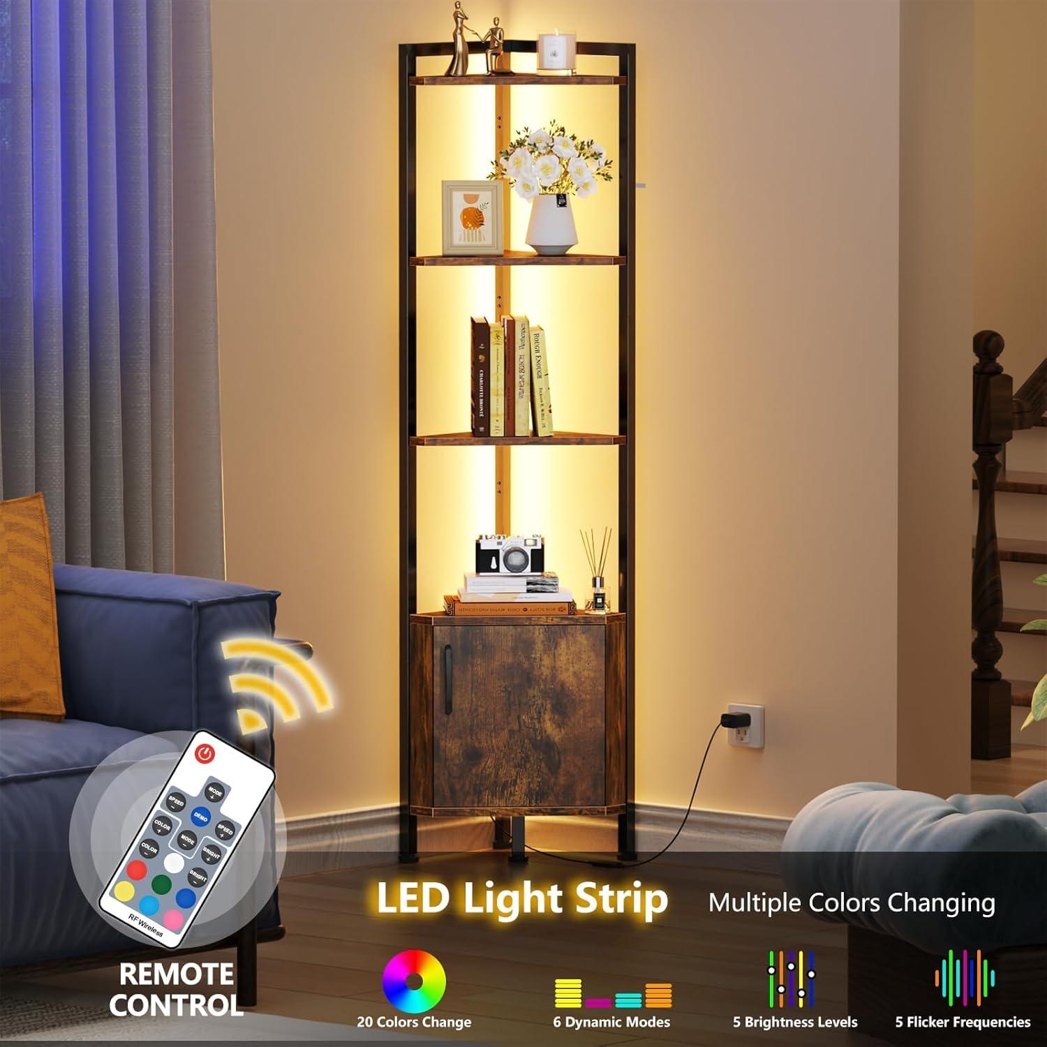 Furnulem 5-Tier Corner Shelf with LED Light, Standing Display Bookshelf with Storage for Bedroom, Living Room, Kitchen