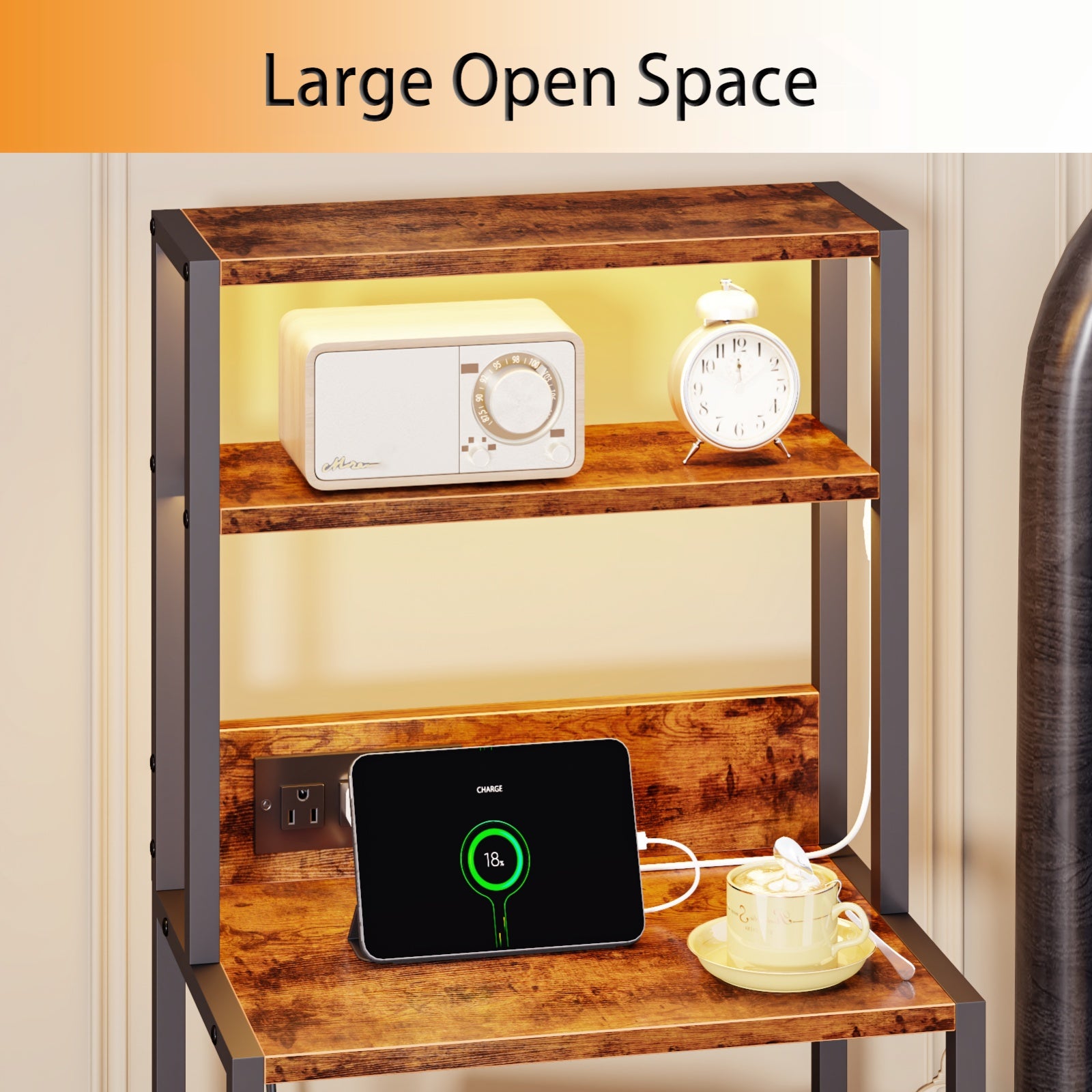 Furnulem Night Stand, Tall Nightstand with 4-Tier Shelves, 2 Fabric Drawers and Light Tube, Bed Side Tables with Charging Station, Bedside Table for Bedroom, Office, Rustic Brown