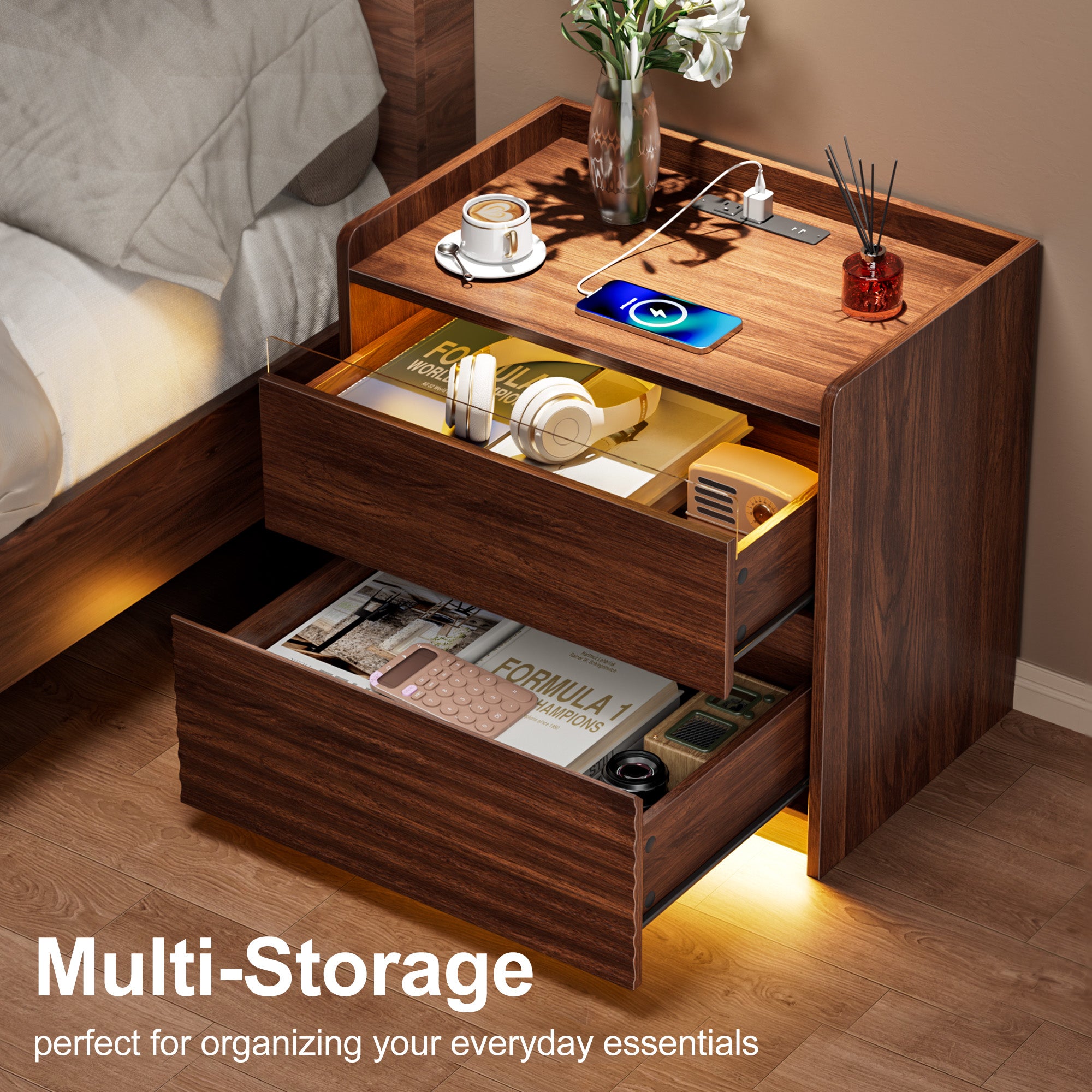 Qwatto Fluted Bedside Nightstand with Charging Station LED Light 2 Drawer Storage Cabinet Walnut Modern Side Table Bedroom Storage Cabinet